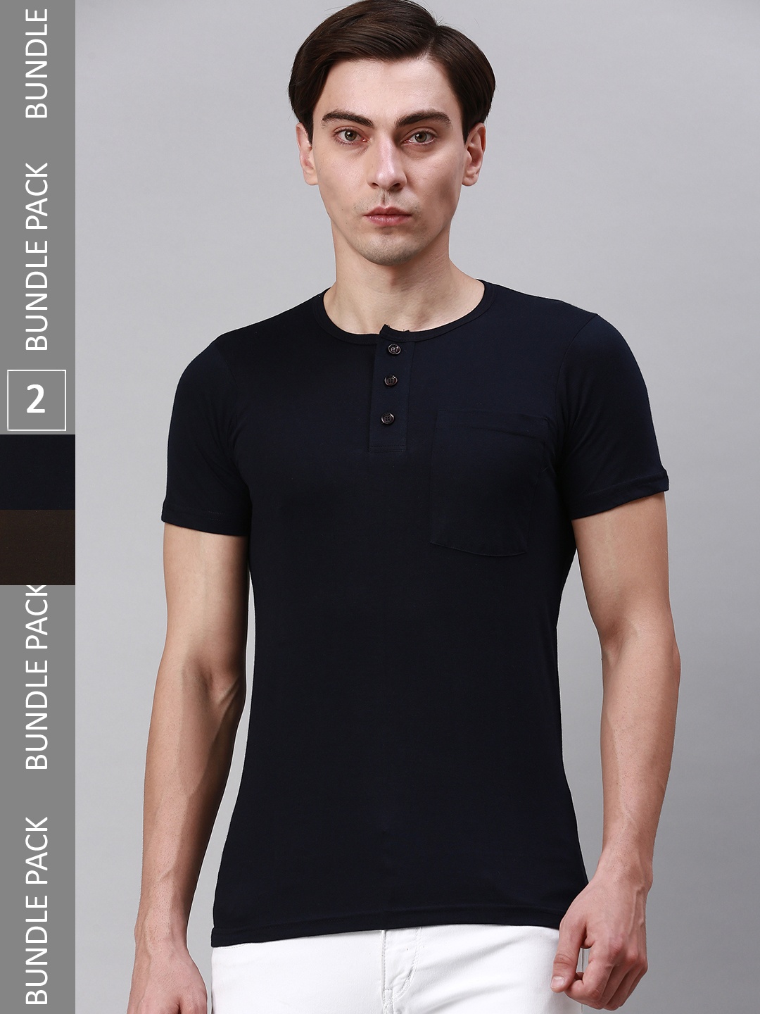

Lux Cozi Pack Of 2 Henley Neck Cotton T-shirts, Black