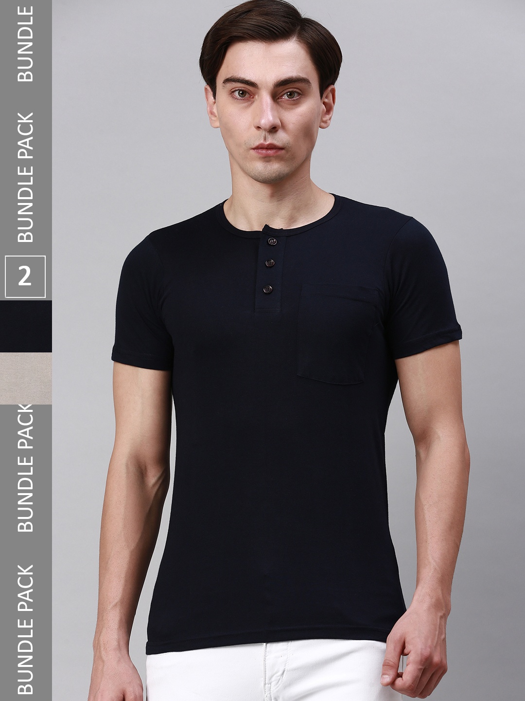 

Lux Cozi Pack Of 2 Henley Neck Cotton T-shirt, Black