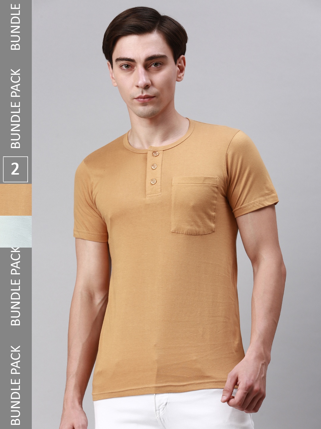 

Lux Cozi Men Pack of 2 Henley Neck Pockets T-shirt, Khaki
