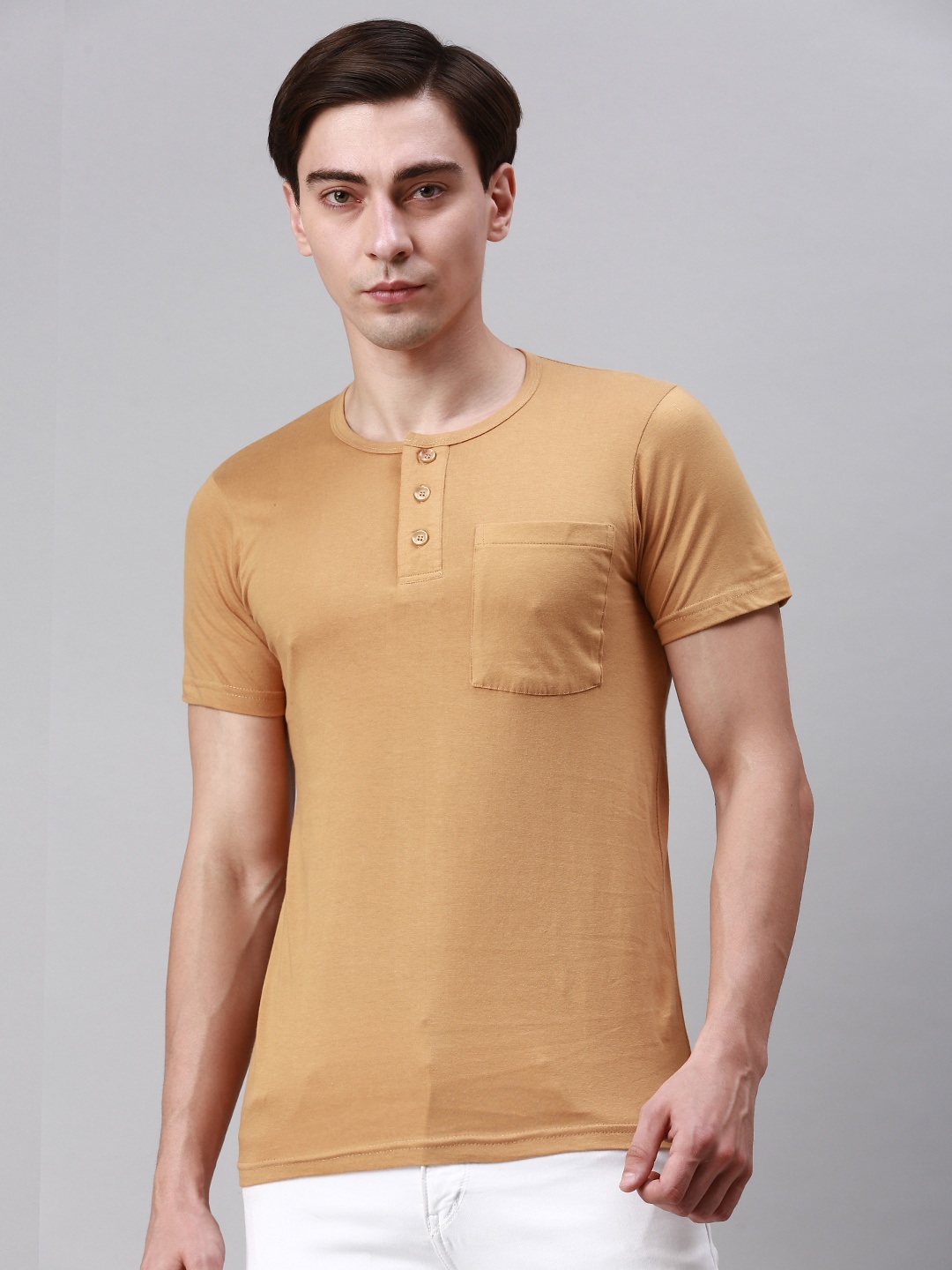 

Lux Cozi Henley Neck Cotton T-shirt, Beige