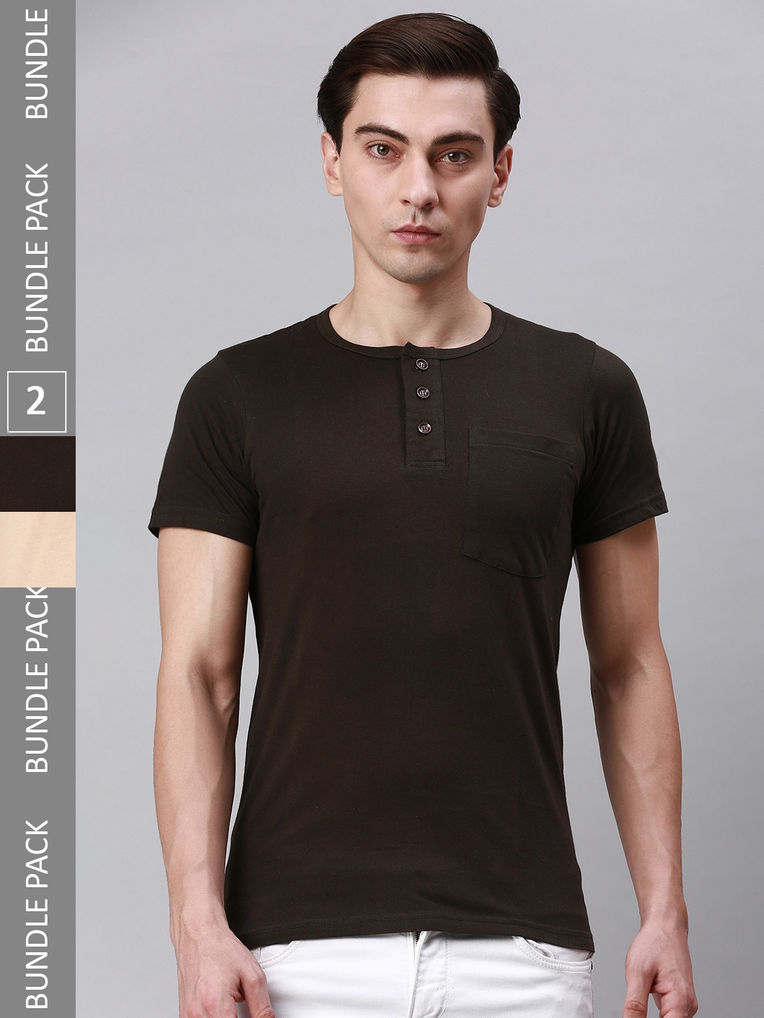 

Lux Cozi Pack Of 2 Henley Neck Cotton T-shirts, Coffee brown