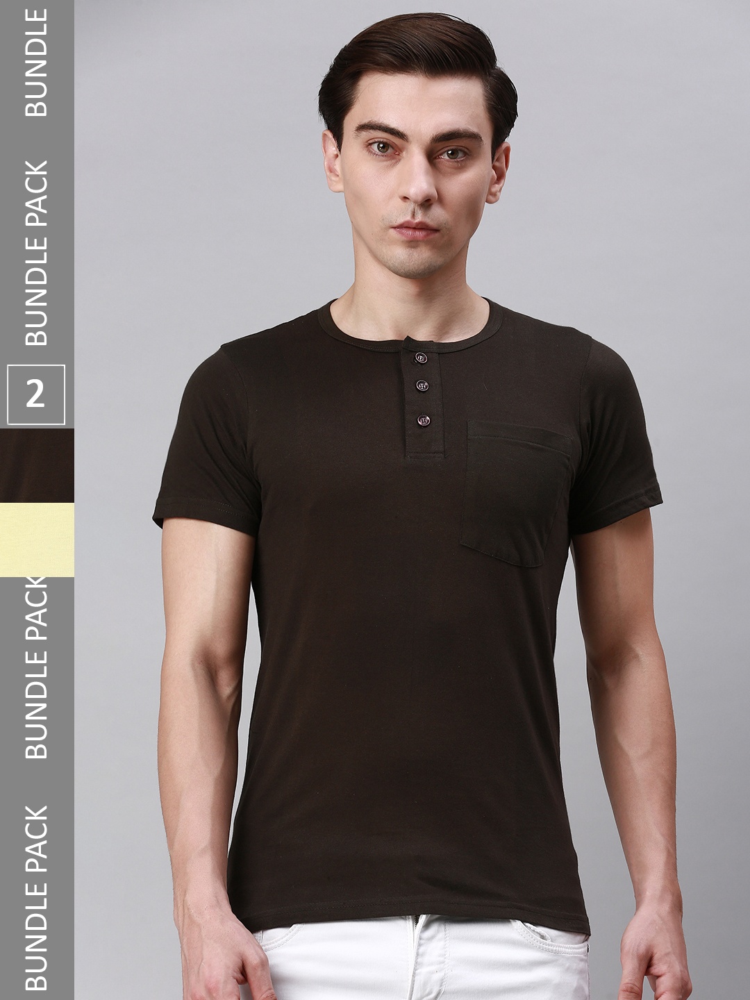 

Lux Cozi Pack Of 2 Henley Neck Cotton T-shirt, Brown