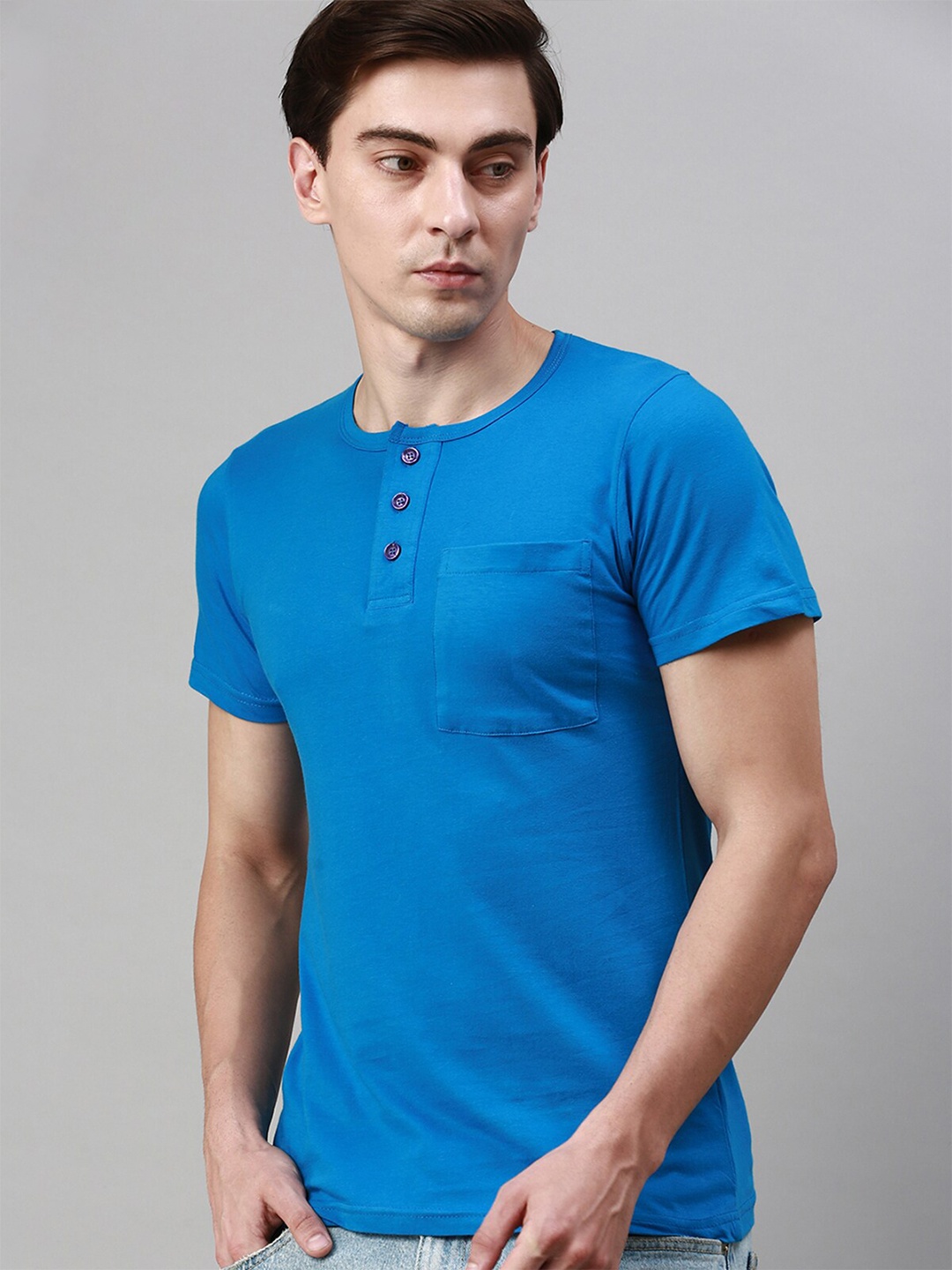 

Lux Cozi Henley Neck Short Sleeves Pure Cotton T-shirt, Blue