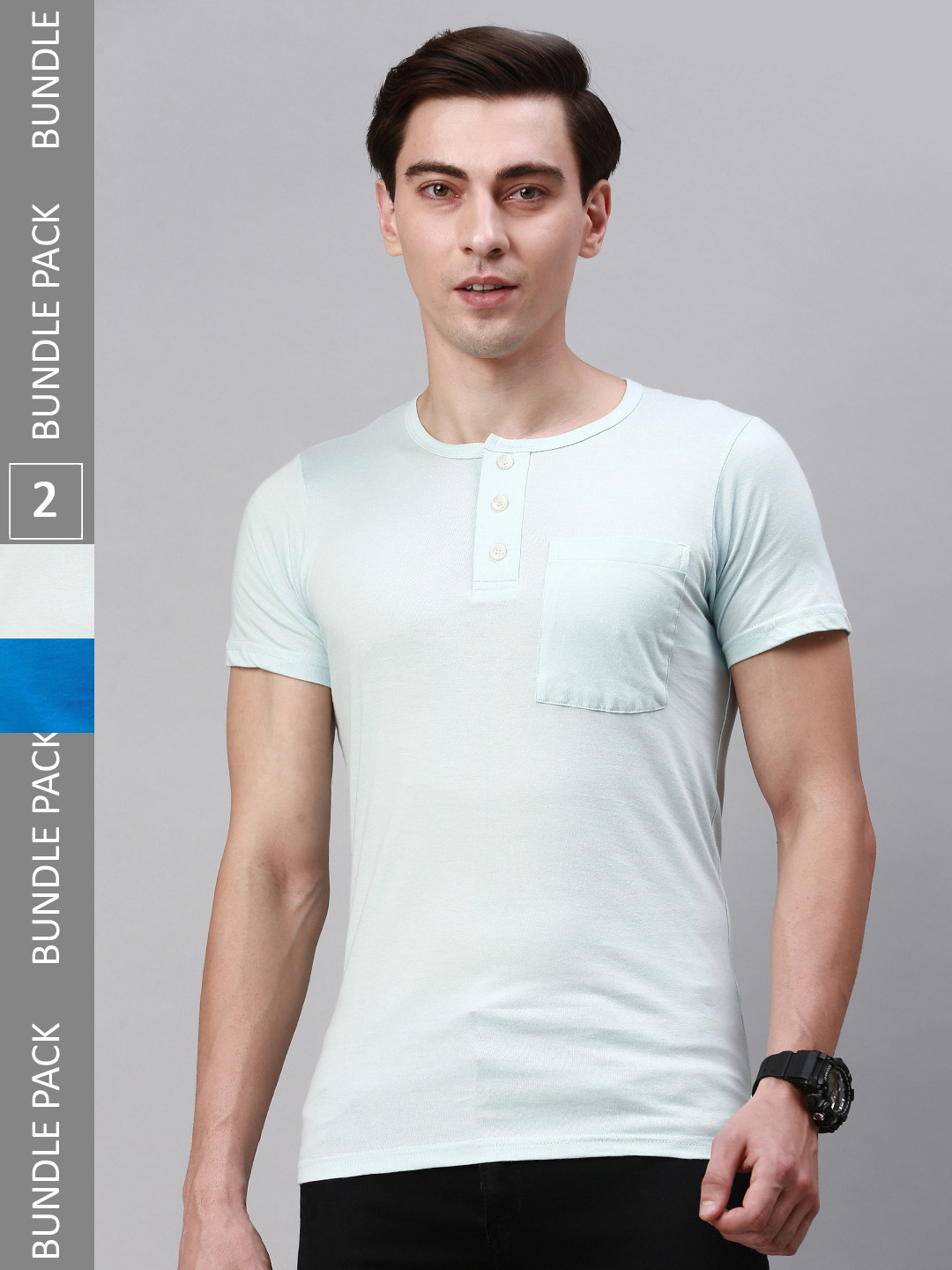 

Lux Cozi Pack Of 2 Henley Neck Cotton T-shirt, Sea green