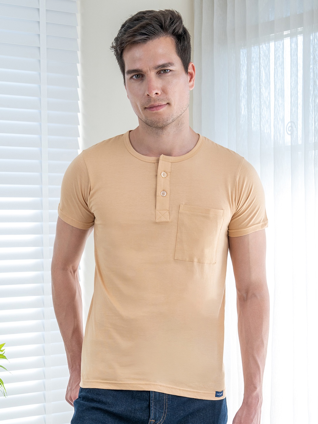 

Lux Cozi Chest Pocket Henley Neck Cotton T-shirt, Beige