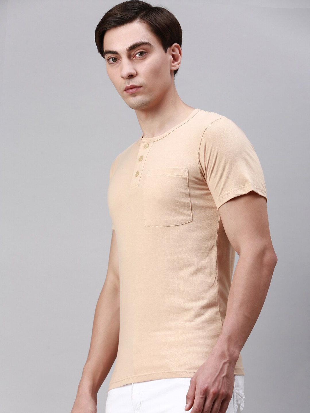

Lux Cozi Henley Neck Cotton Slim Fit T-shirt, Beige