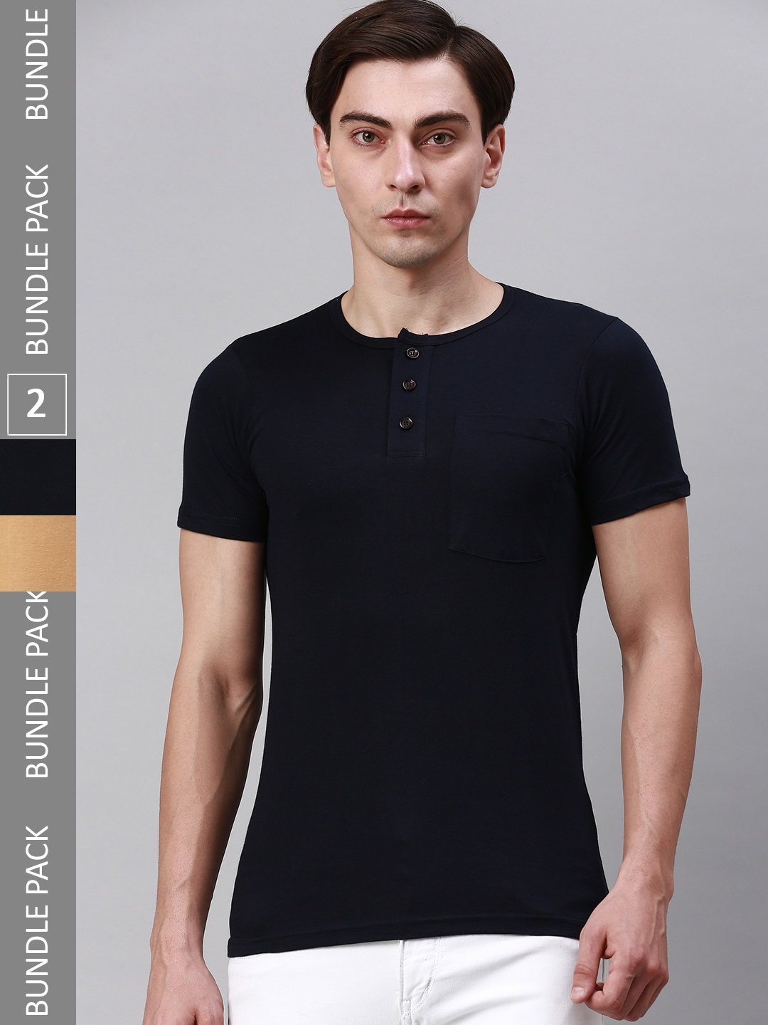 

Lux Cozi Pack Of 2 Henley Neck Cotton T-shirt, Black