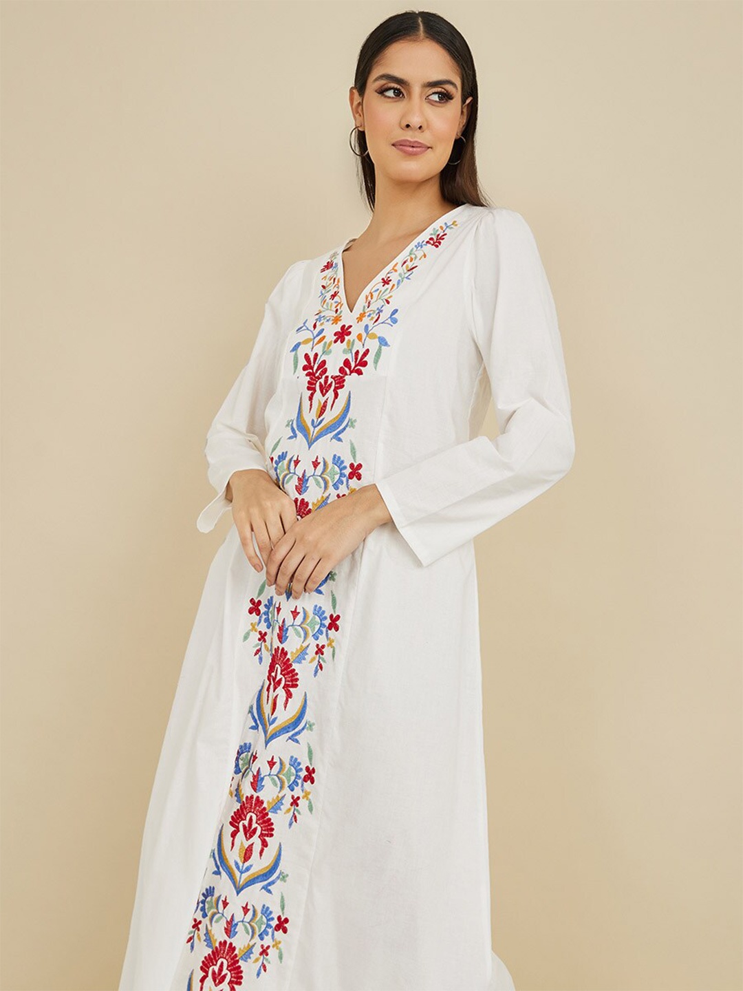 

Styli Off White Ethnic Motifs Embroidered V-Neck Cotton Maxi Dress