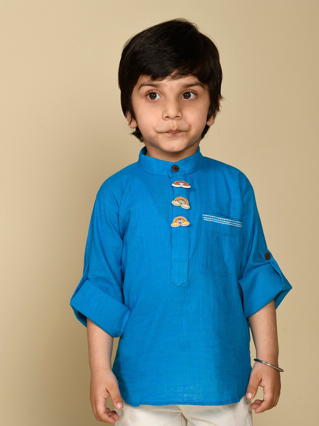 

LIL PITAARA Boys Comfort Mandarin Collar Cotton Casual Shirt, Blue