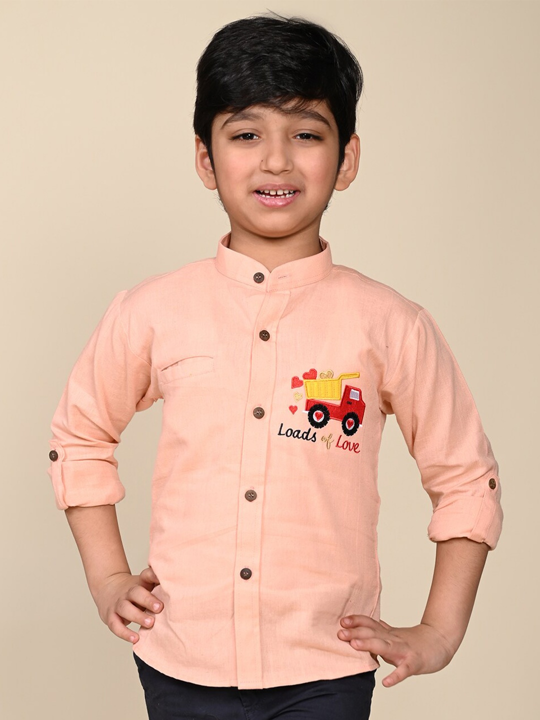 

LIL PITAARA Boys Comfort Mandarin Collar Embroidered Cotton Casual Shirt, Pink