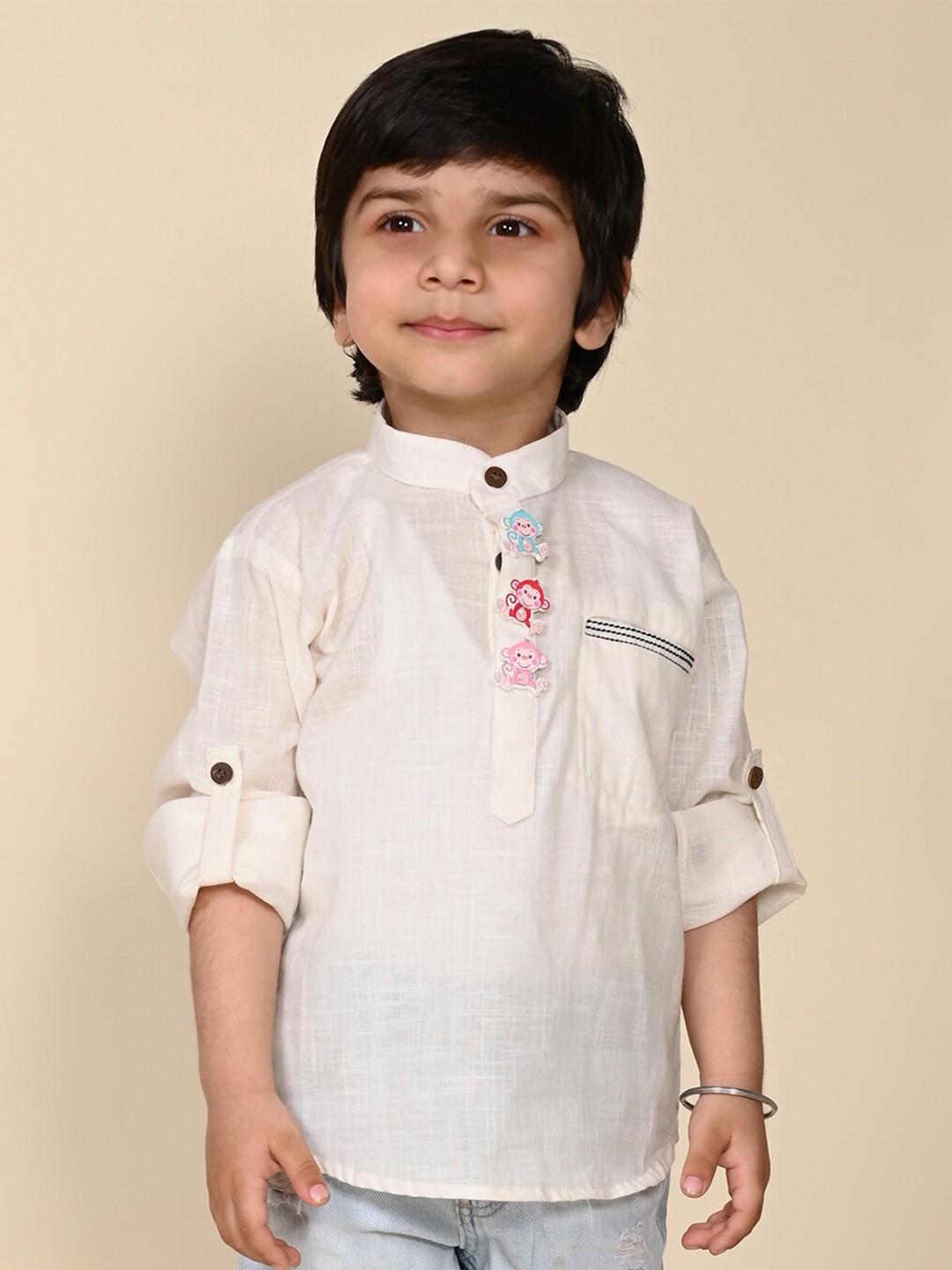 

LIL PITAARA Boys Comfort Mandarin Collar Cotton Casual Shirt, Off white