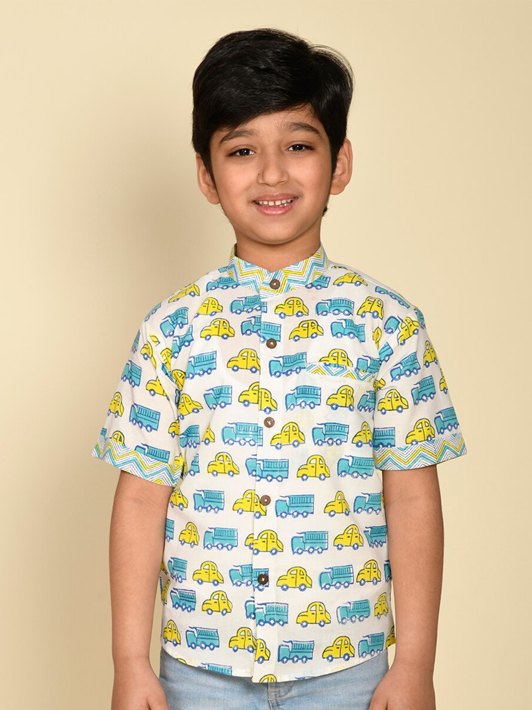 

LIL PITAARA Boys Comfort Conversational Printed Cotton Casual Shirt, White