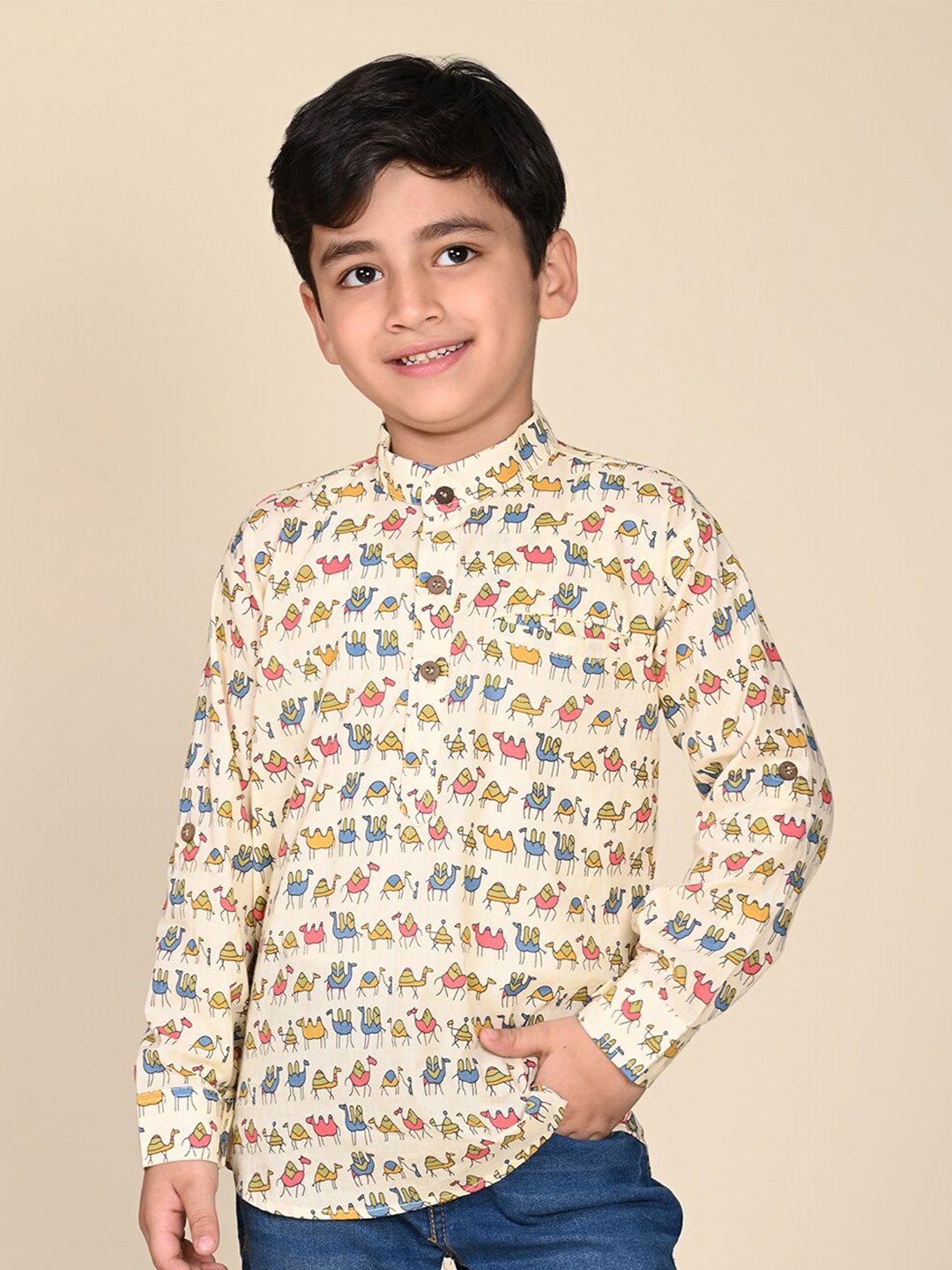 

LIL PITAARA Boys Comfort Conversational Printed Cotton Casual Shirt, Beige