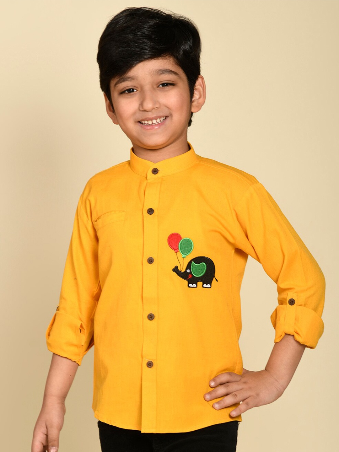 

LIL PITAARA Boys Comfort Mandarin Collar Embroidered Cotton Casual Shirt, Yellow