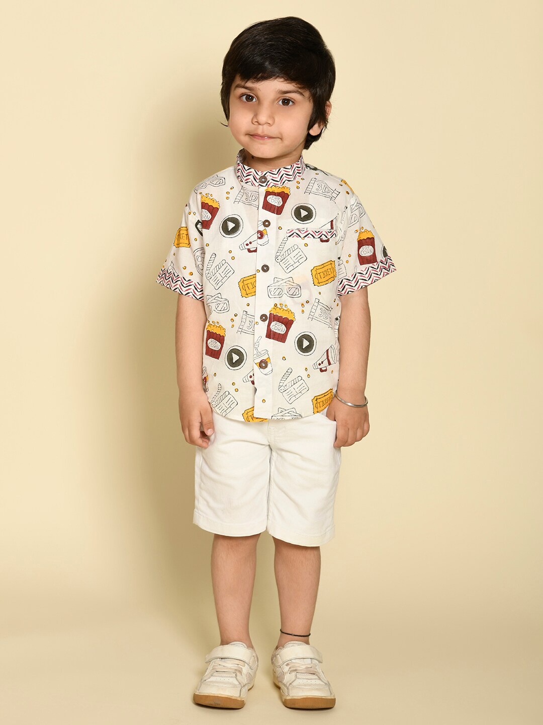 

LIL PITAARA Boys Comfort Conversational Printed Cotton Casual Shirt, White