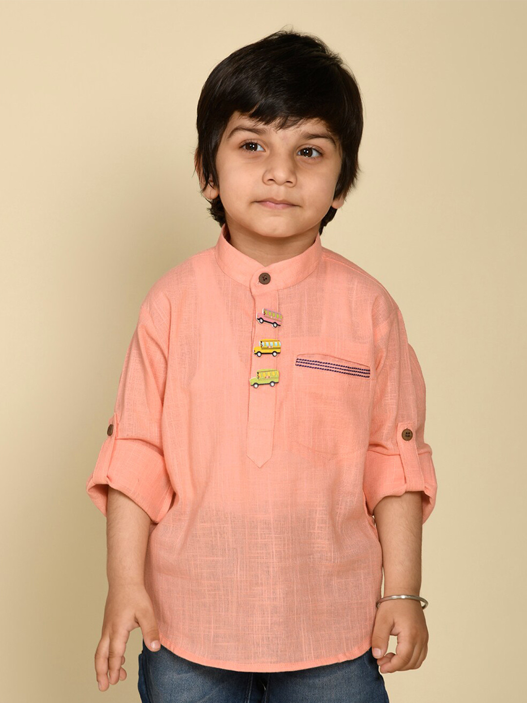 

LIL PITAARA Boys Comfort Mandarin Collar Cotton Casual Shirt, Pink