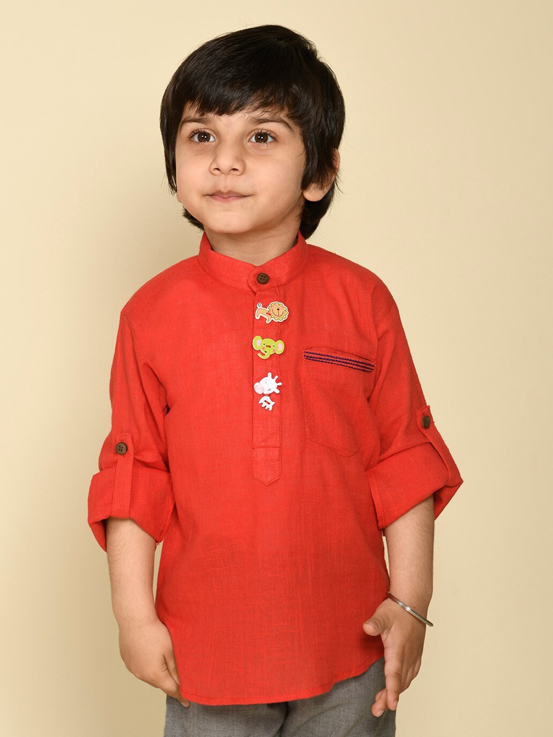 

LIL PITAARA Boys Comfort Mandarin Collar Cotton Casual Shirt, Red