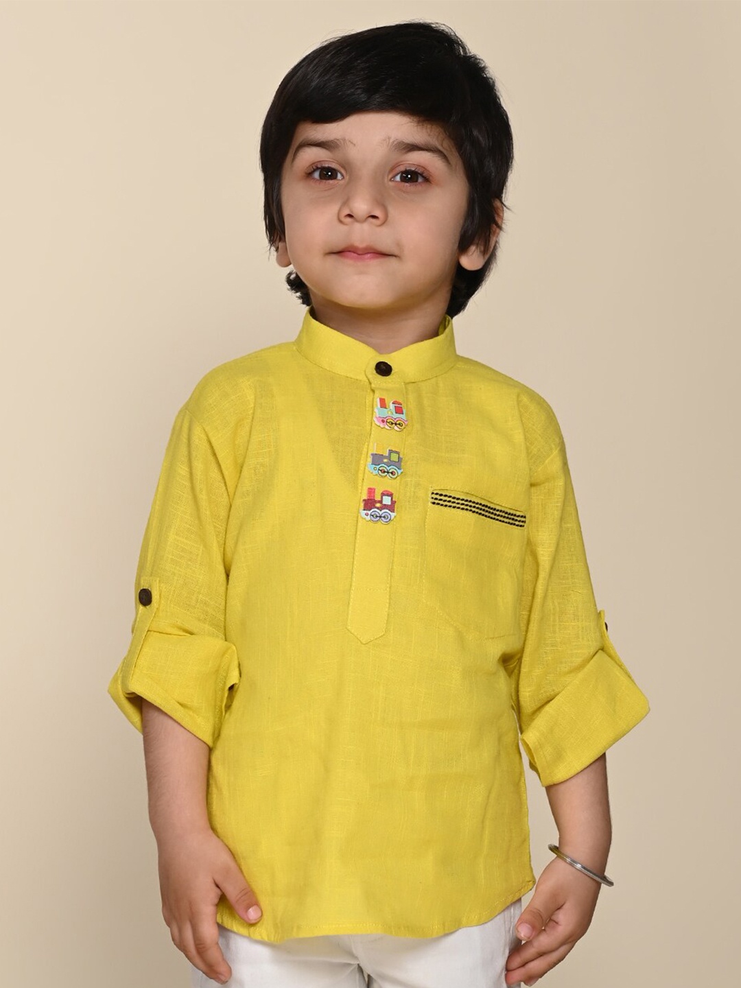 

LIL PITAARA Boys Comfort Mandarin Collar Cotton Casual Shirt, Yellow