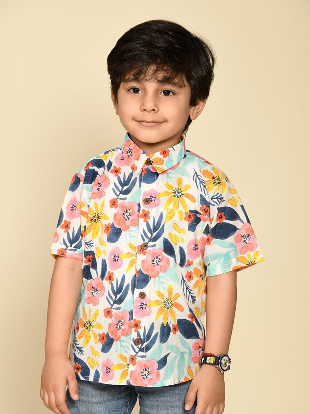 

LIL PITAARA Boys Comfort Floral Printed Cotton Casual Shirt, White