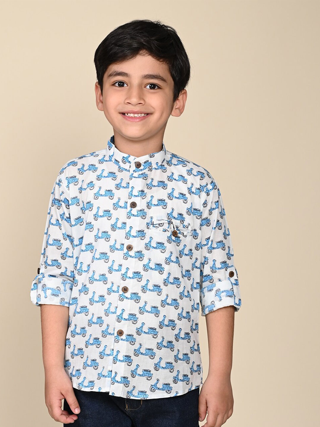 

LIL PITAARA Boys Comfort Conversational Printed Cotton Casual Shirt, White