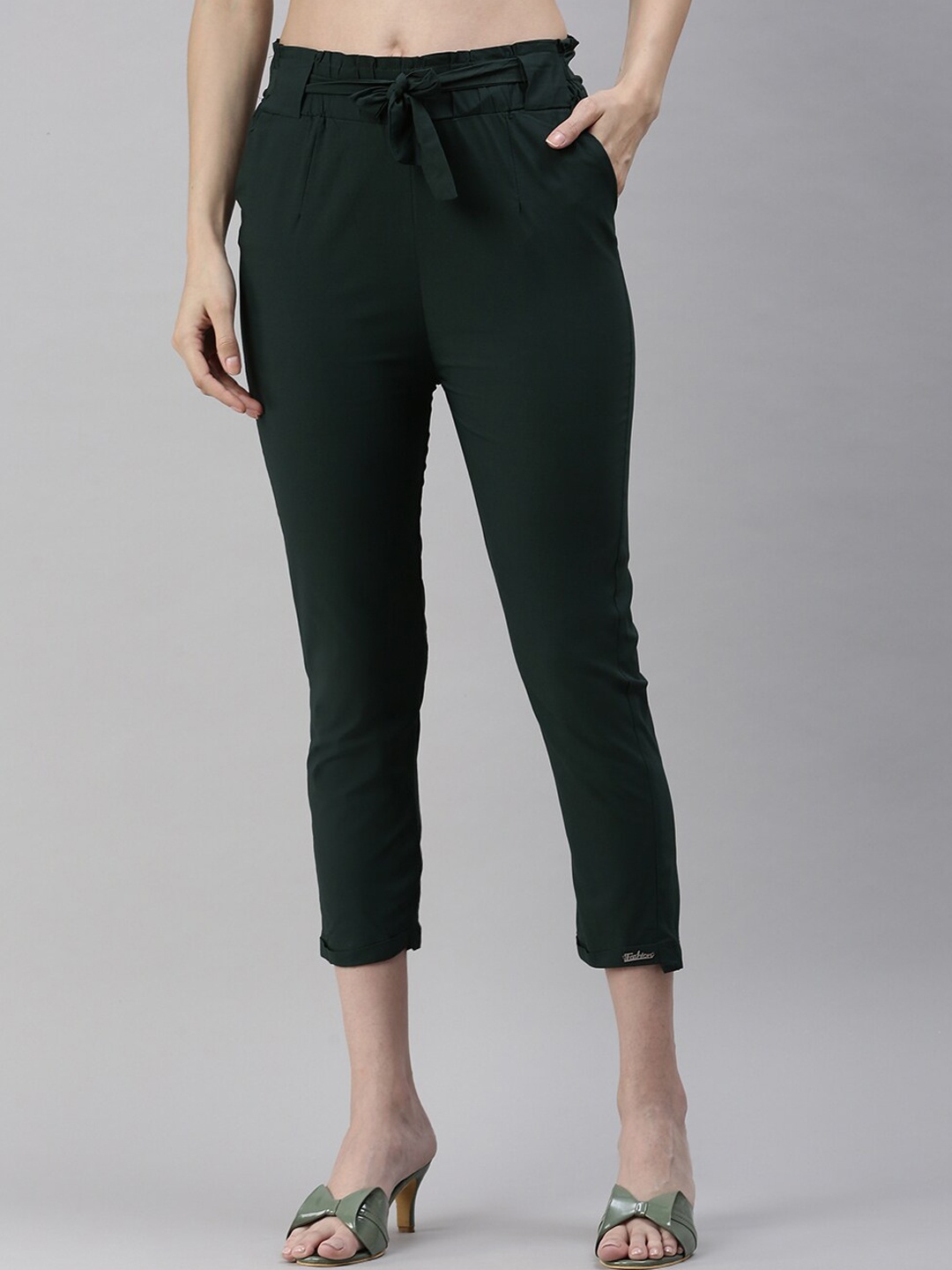 

SHOWOFF Women High-Rise Easy Wash Cigarette Trousers, Olive