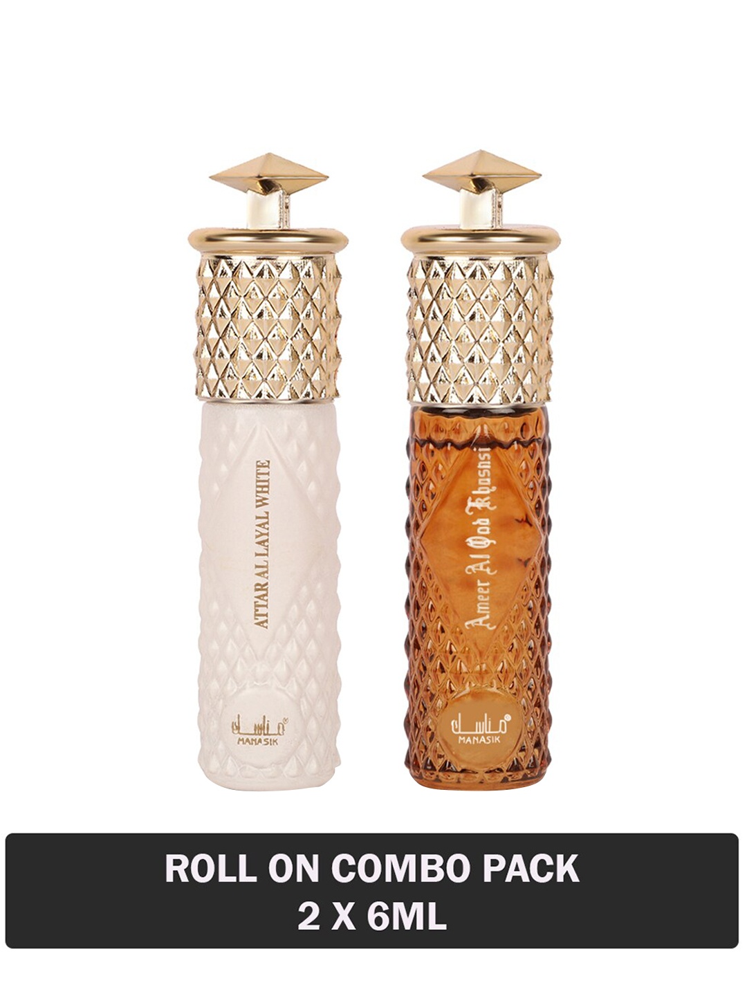 

MANASIK Set of 2 Long Lasting Attars 6 ml Each - Al Layal White & Ameer Al Oud Khusnsi, Transparent