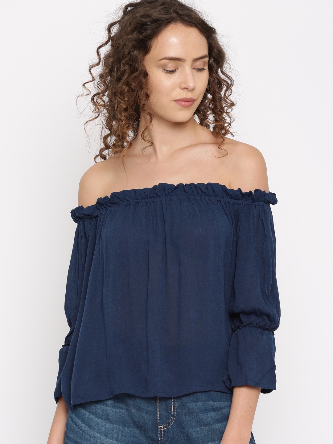 

Flying Machine Women Blue Solid Bardot Top
