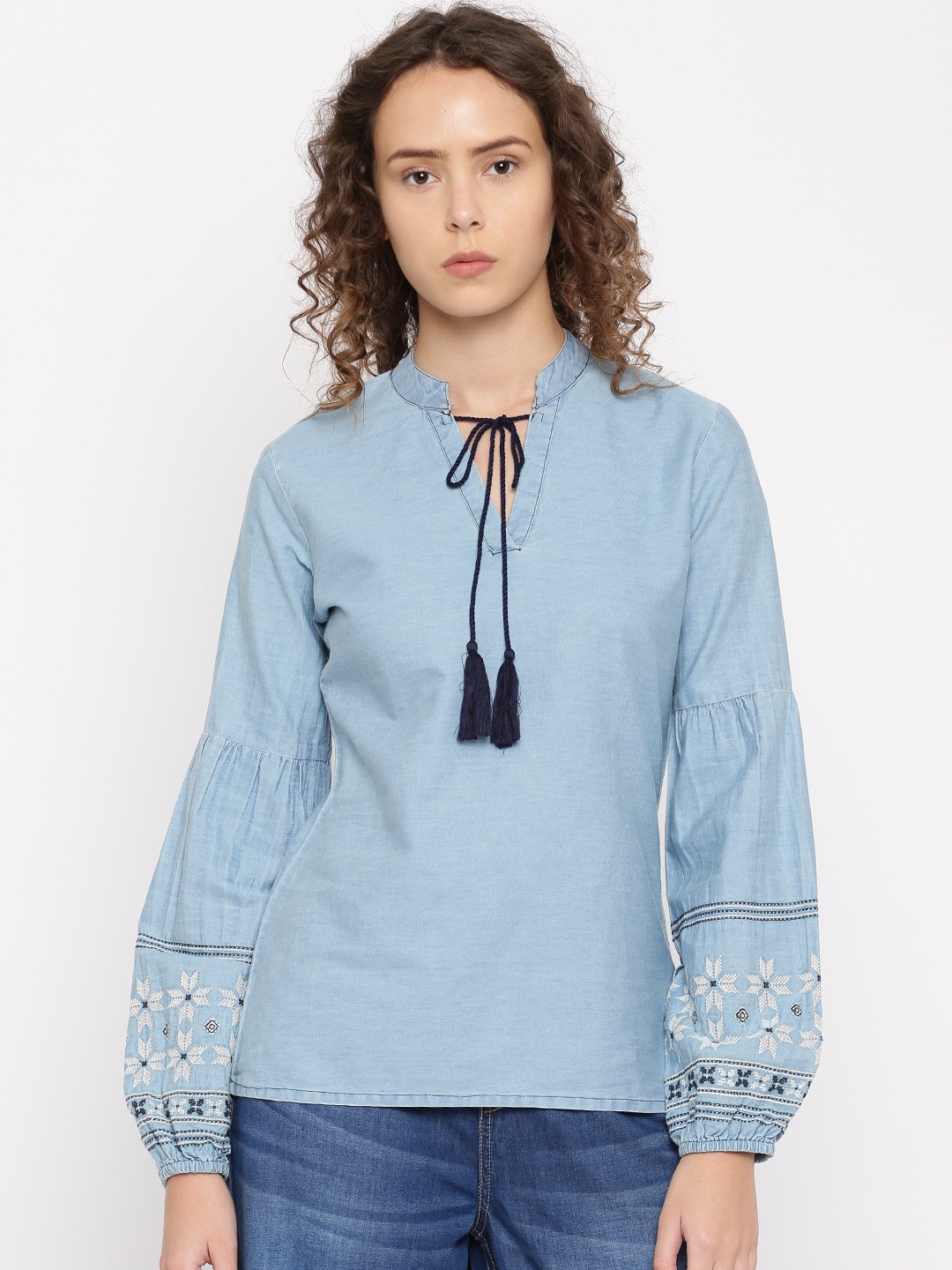 

Flying Machine Women Blue Solid Denim Pure Cotton Top