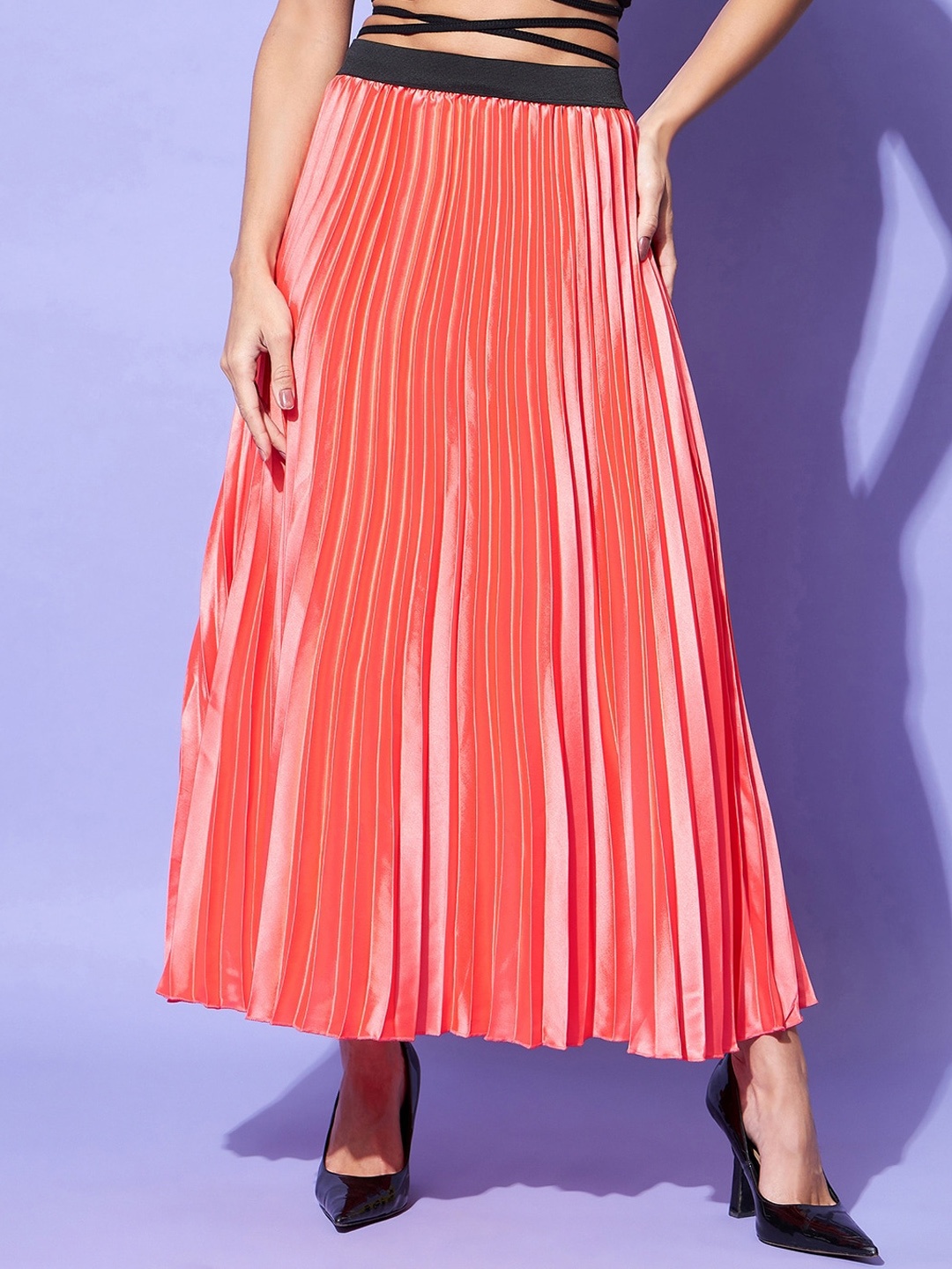

StyleStone Satin Accordion Pleated Maxi Skirt, Coral