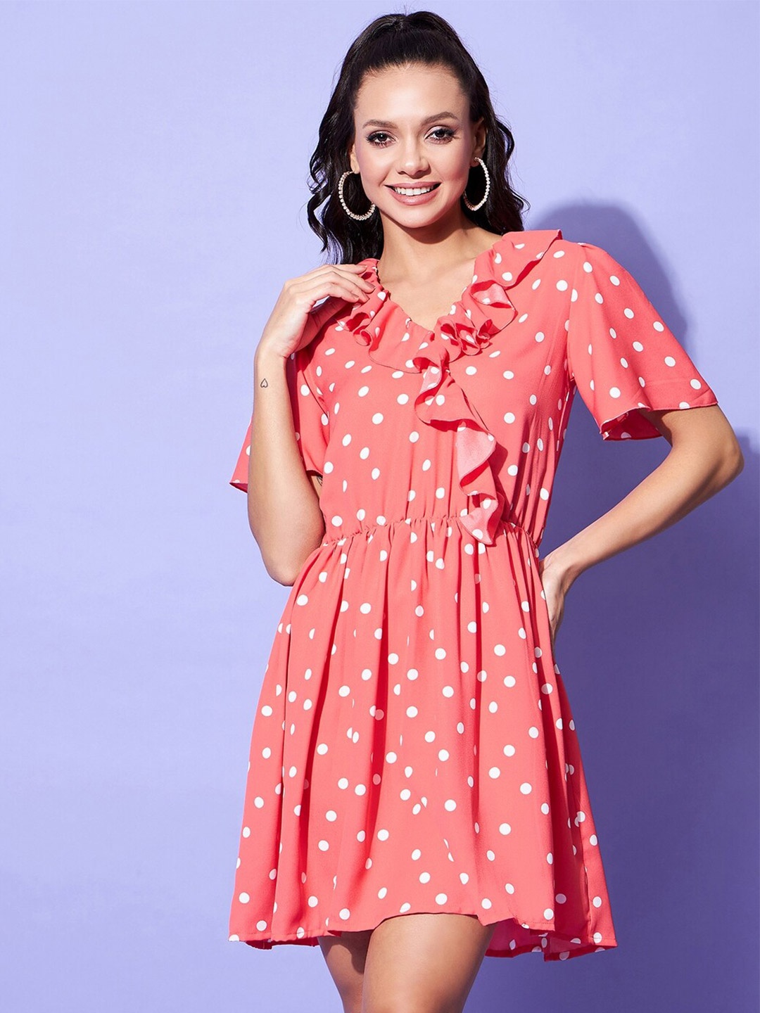 StyleStone Polka Dots Printed Ruffled Fit & Flare Mini Dress, Coral