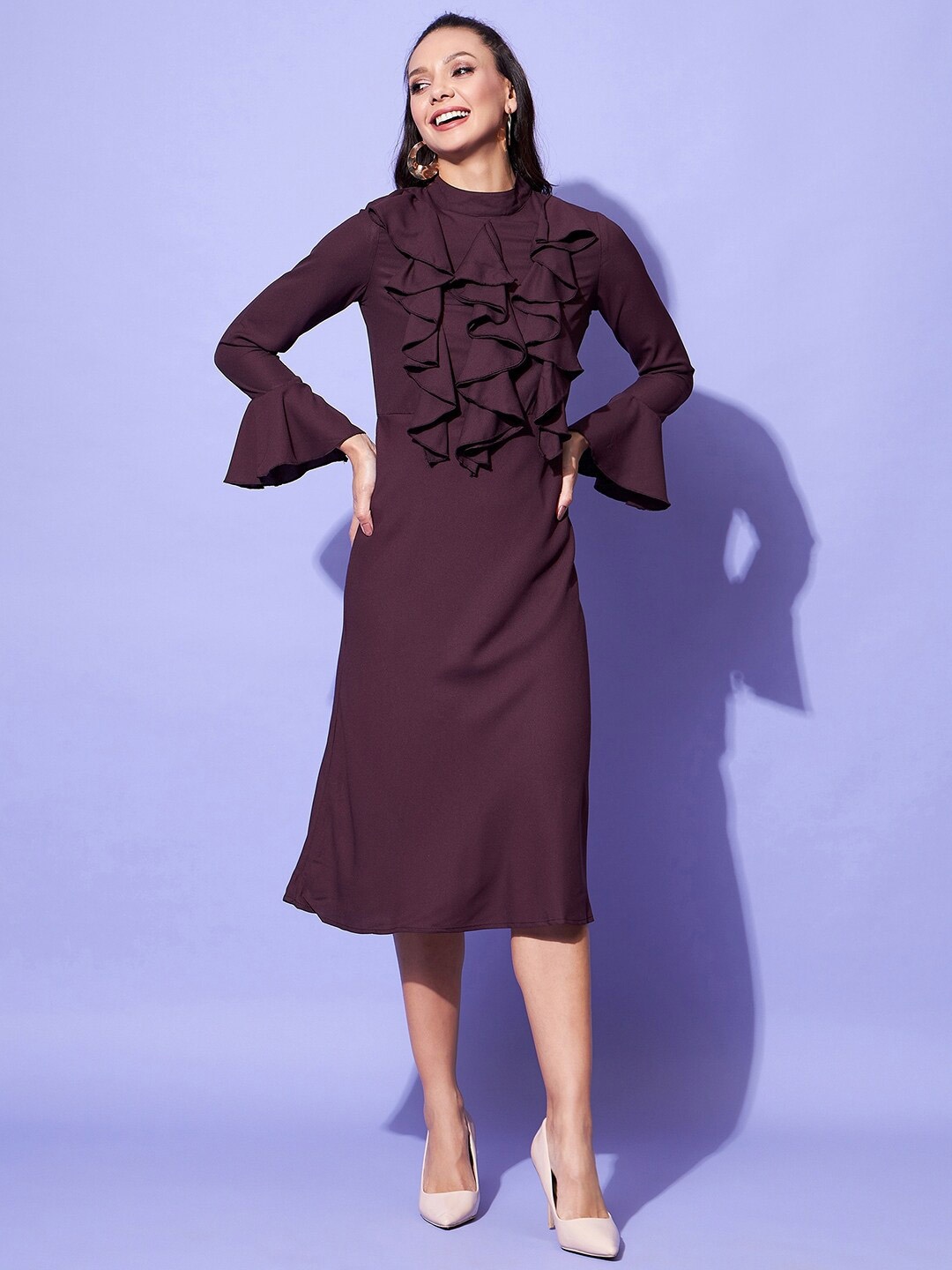 

StyleStone Bell Sleeve Ruffled A-Line Midi Dress, Maroon