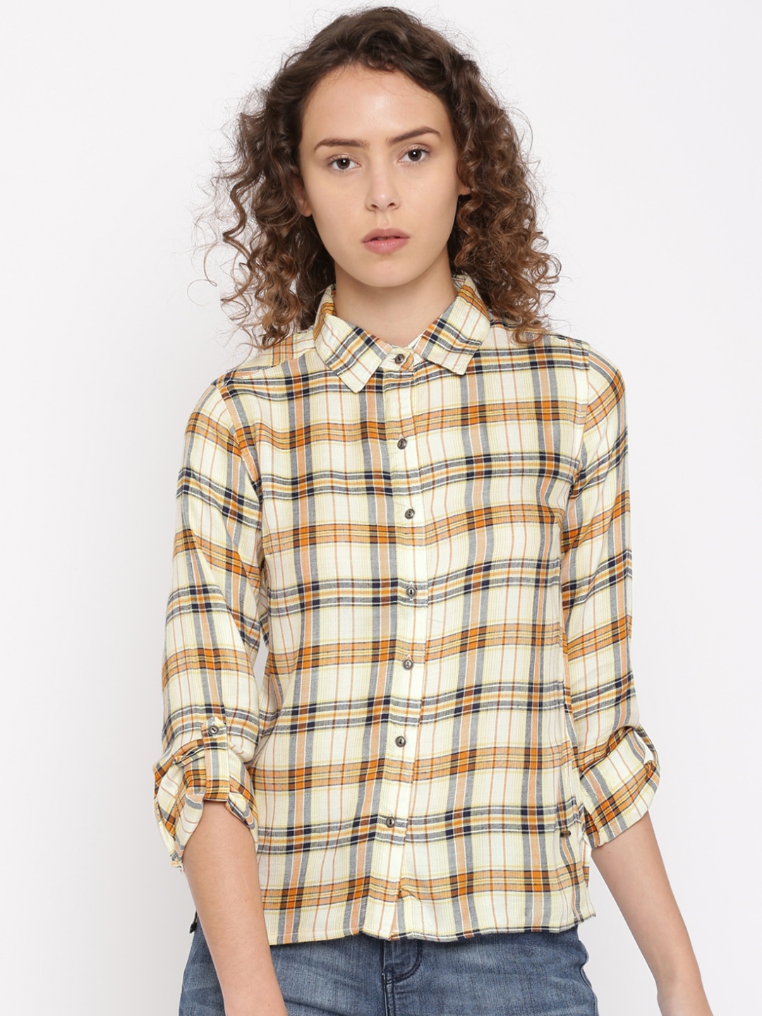 

Flying Machine Women Yellow & Blue Regular Fit Checked Casual Shirt