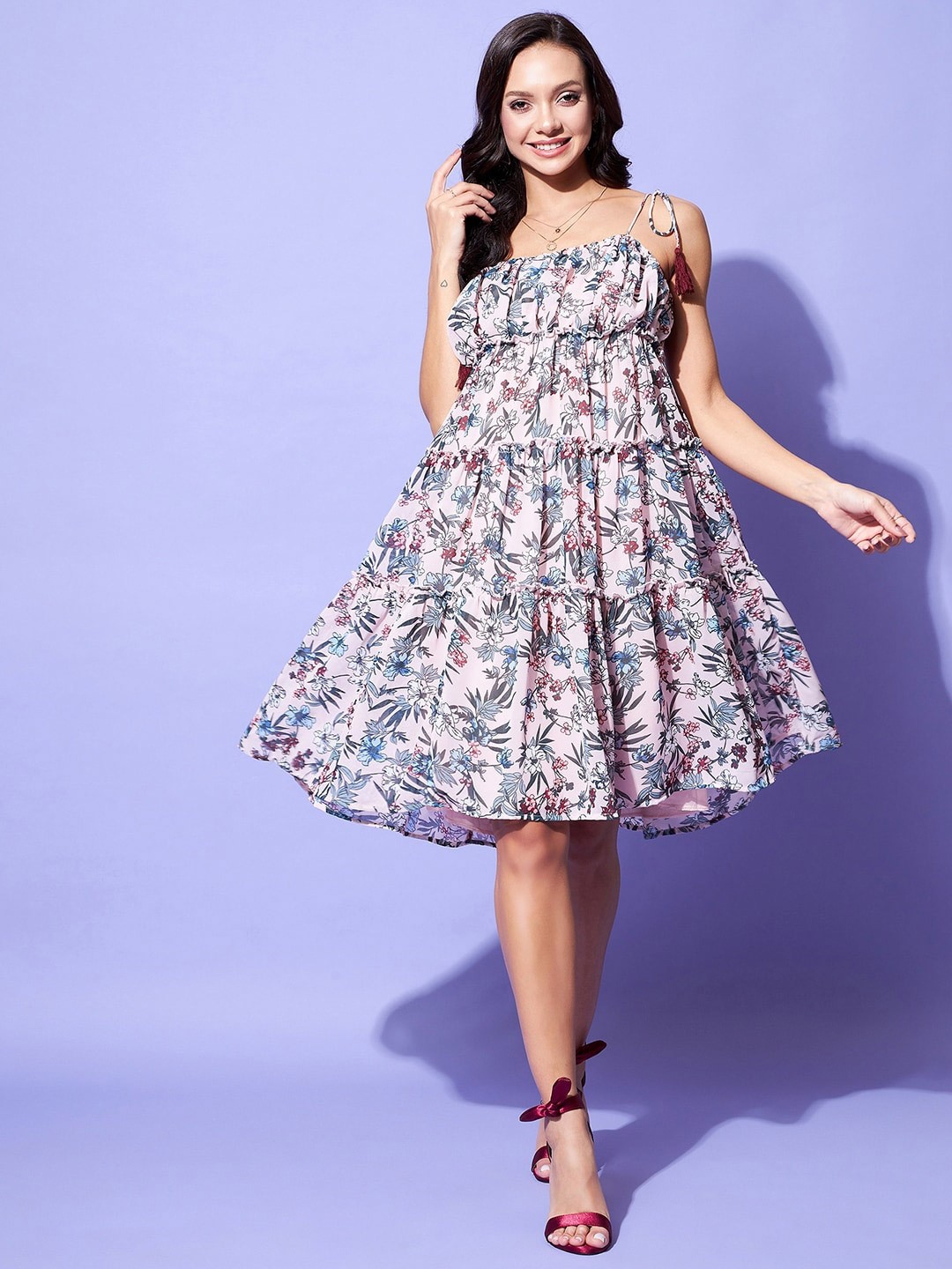 

StyleStone Floral Printed Shoulder Strap Tiered Fit & Flare Dress, Pink
