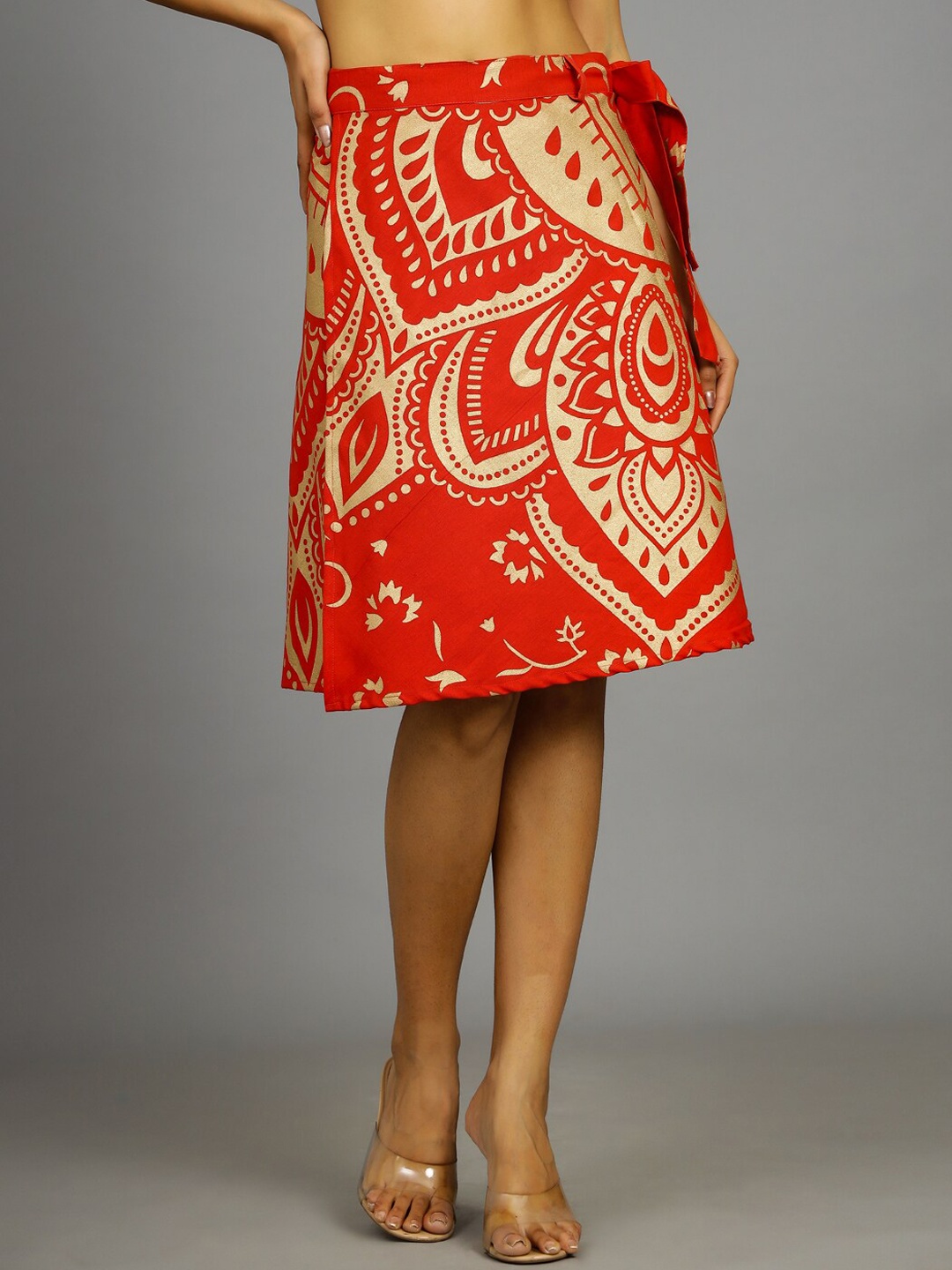 

HANDICRAFT PALACE Printed Cotton Wrap-Around Knee-Length Skirt, Red