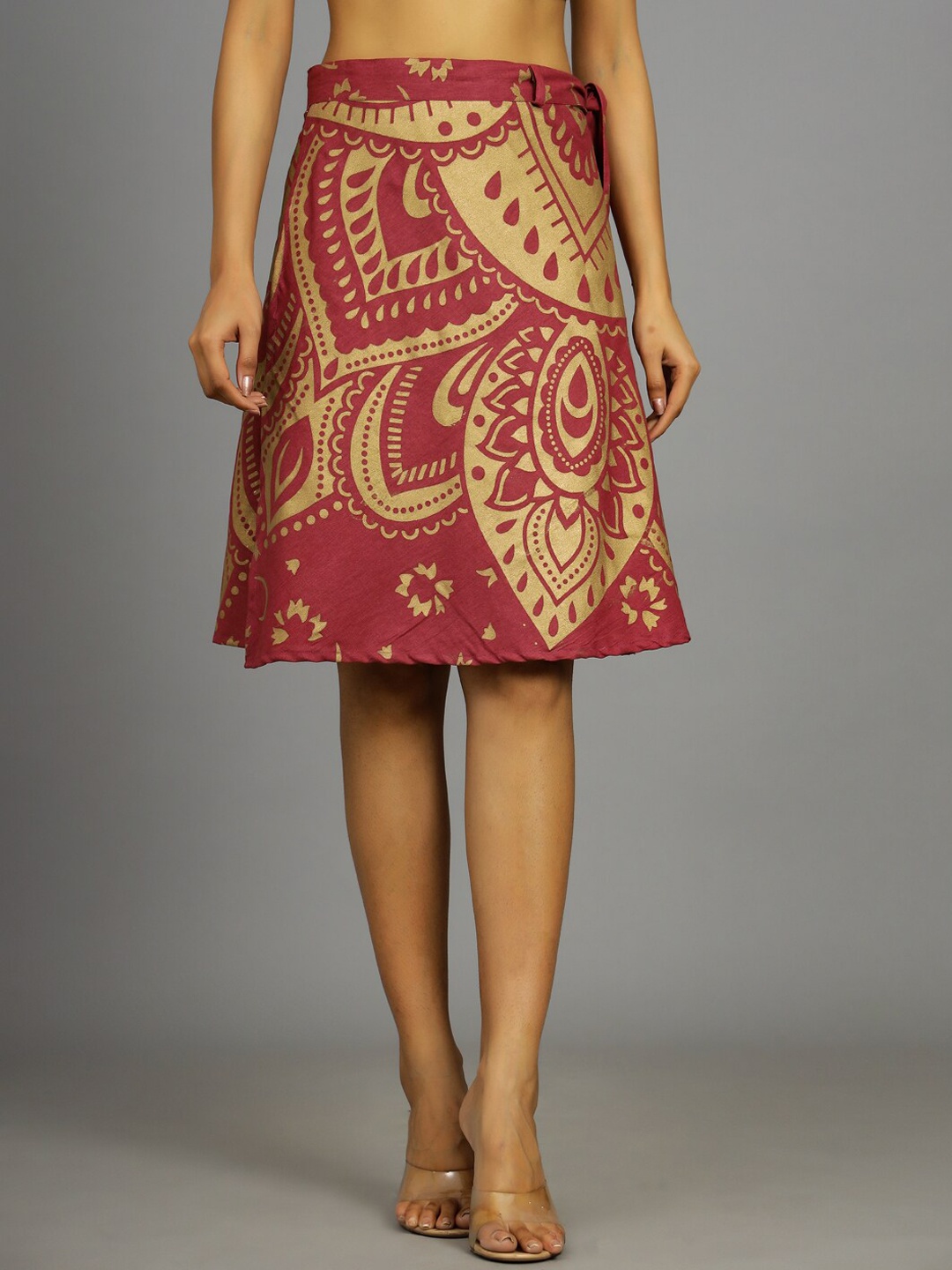 

HANDICRAFT PALACE Printed Wrap-Around Pure Cotton Knee-Length Skirt, Maroon