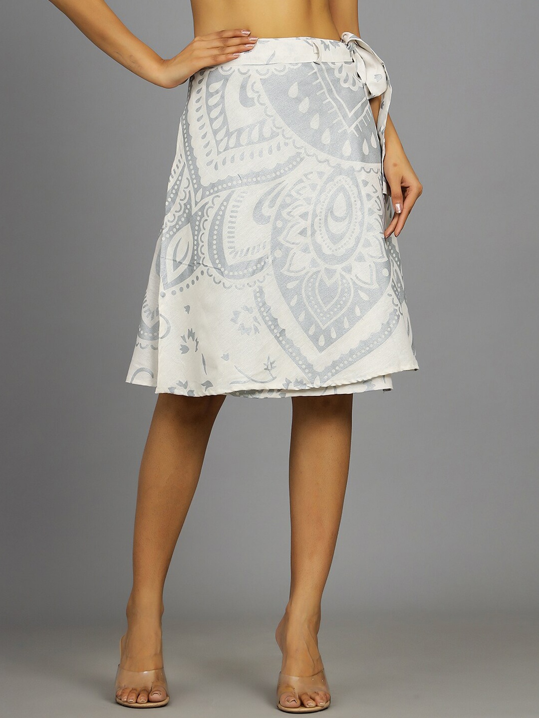 

HANDICRAFT PALACE Printed Cotton Wrap-Around Knee-Length Skirt, White