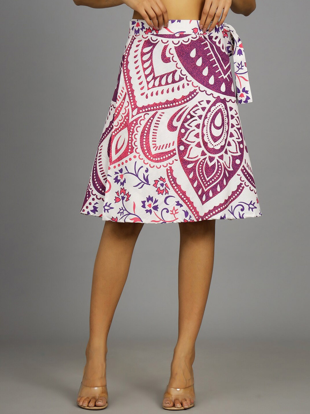 

HANDICRAFT PALACE Printed Wrap-Around Pure Cotton Knee-Length Skirt, Pink