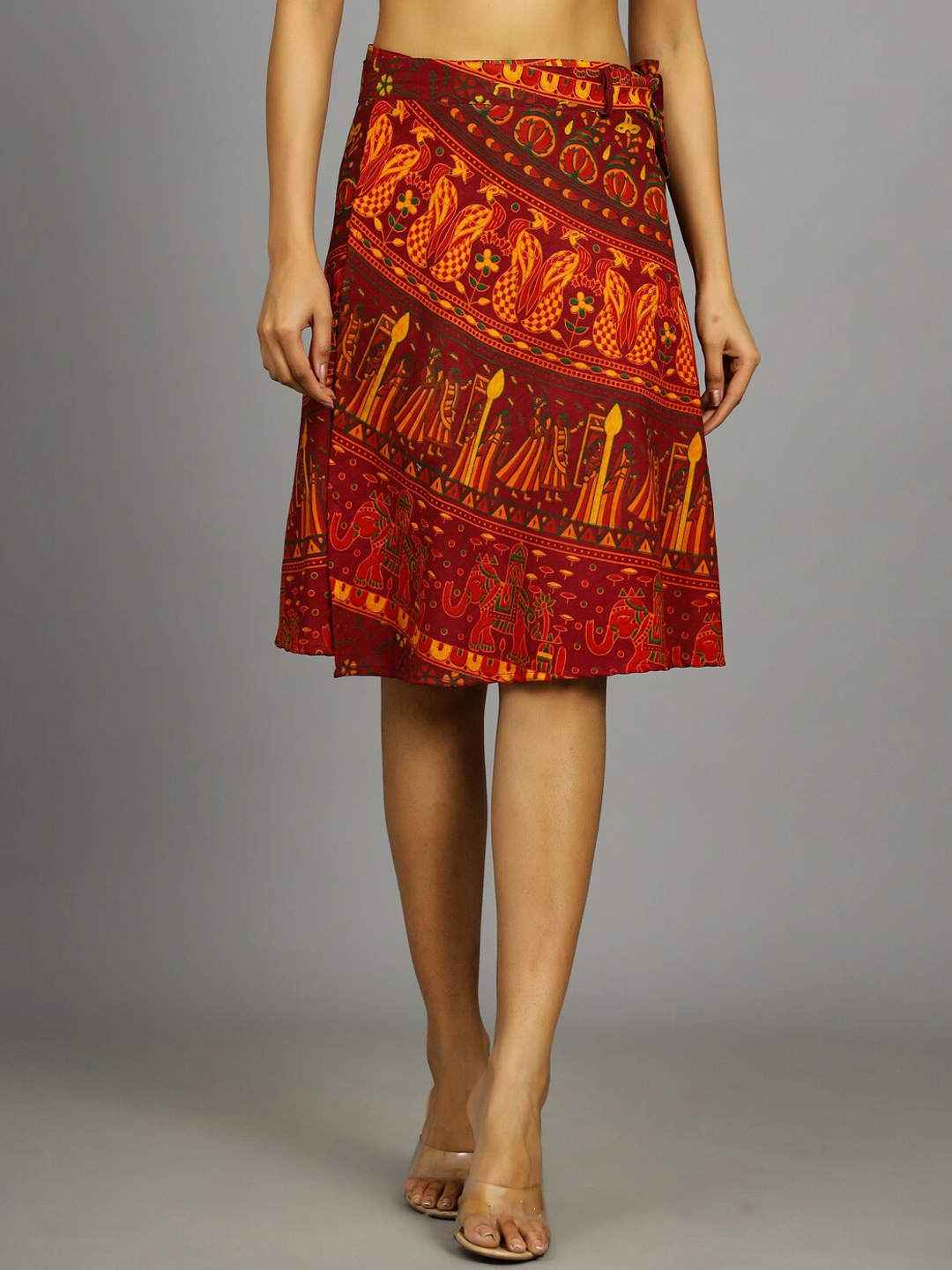 

HANDICRAFT PALACE Printed Wrap-Around Skirt, Maroon