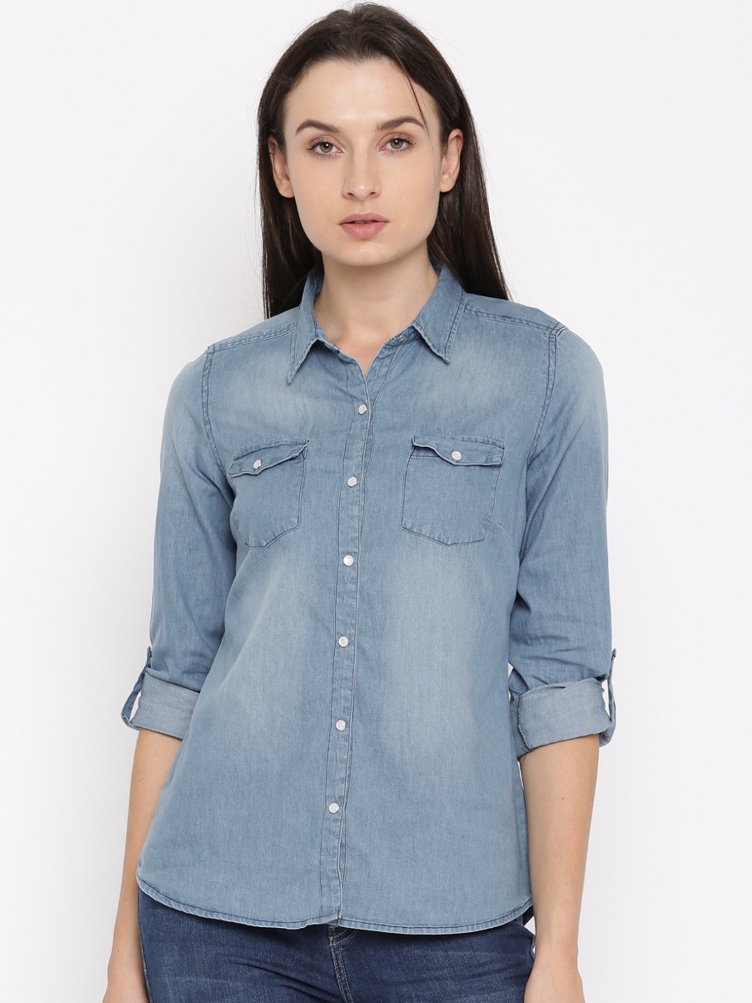 

Flying Machine Women Blue Regular Fit Solid Casual Shirt
