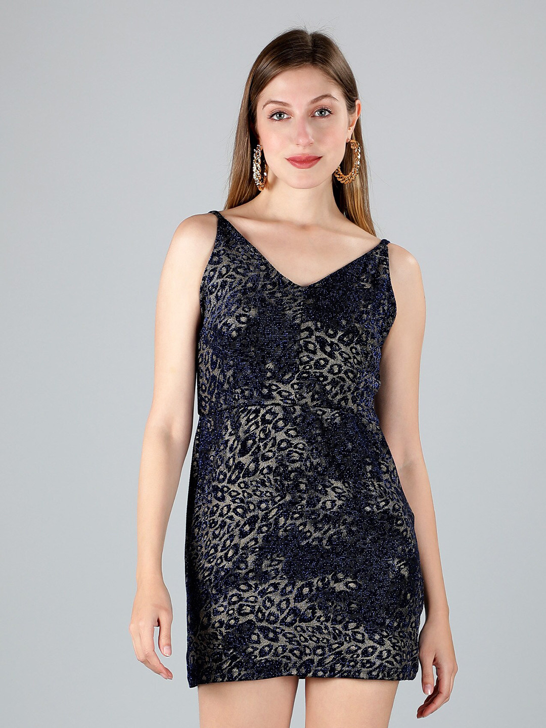 

Sonex Gold Animal Printed Embellished Sheath Mini Dress, Black