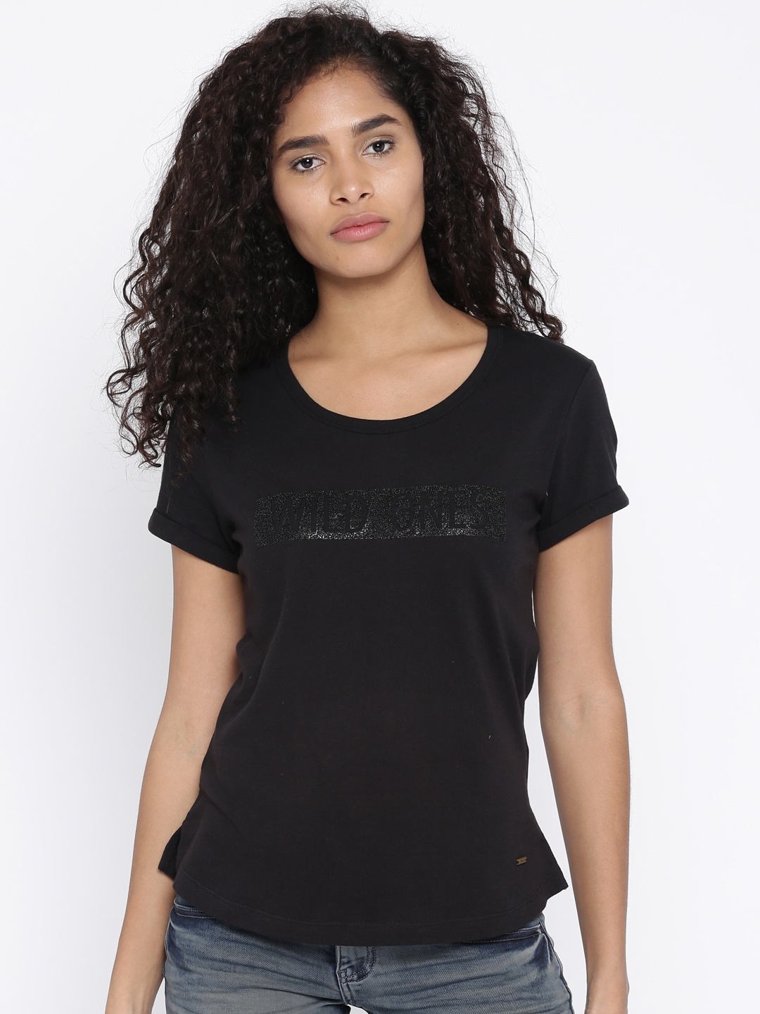 

Flying Machine Women Black Pure Cotton T-shirt