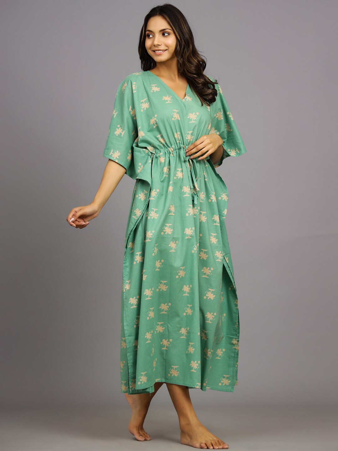 

HANDICRAFT PALACE Floral Printed Pure Cotton Kaftan Maxi Nightdress, Green