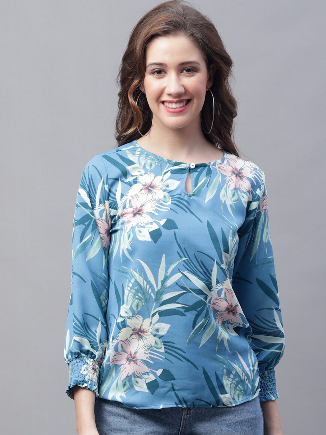 

Jinfo Floral Printed Keyhole Neck Cuffed Sleeves Top, Blue