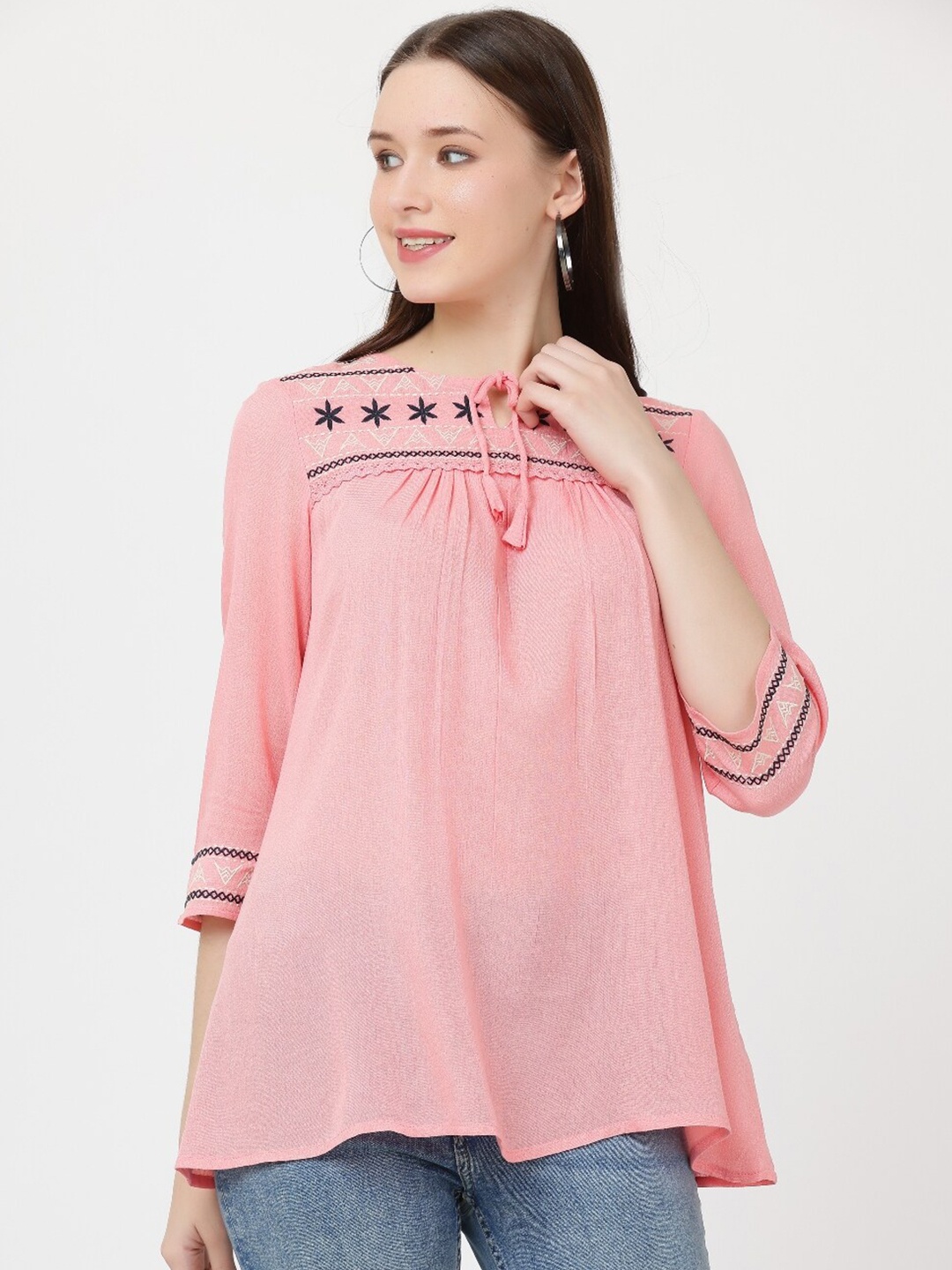 

Jinfo Pink Tie-Up Neck Embroidered Crepe Top