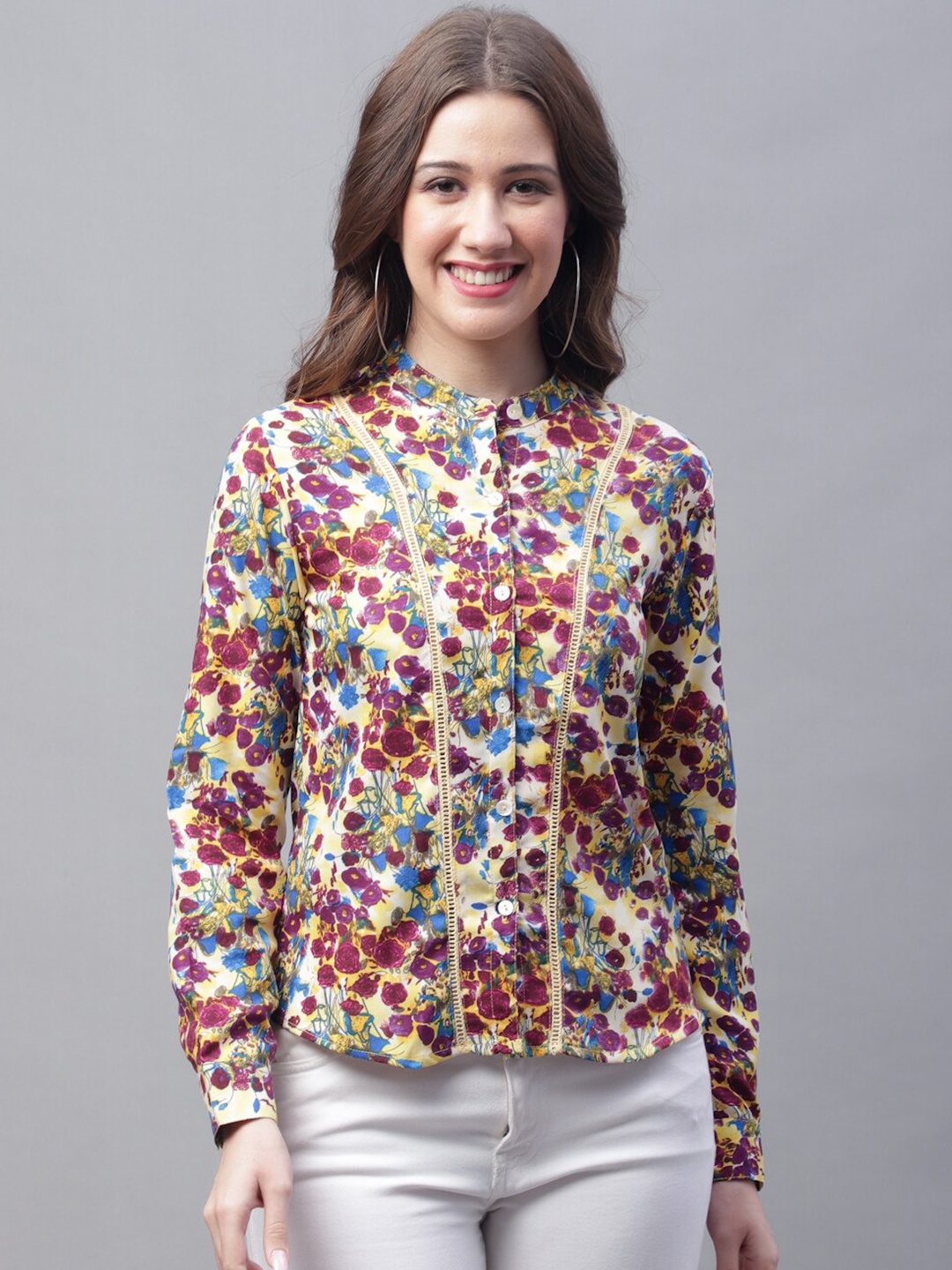 

Jinfo Floral Printed Mandarin Collar Cuffed Sleeves Shirt Style Top, Yellow