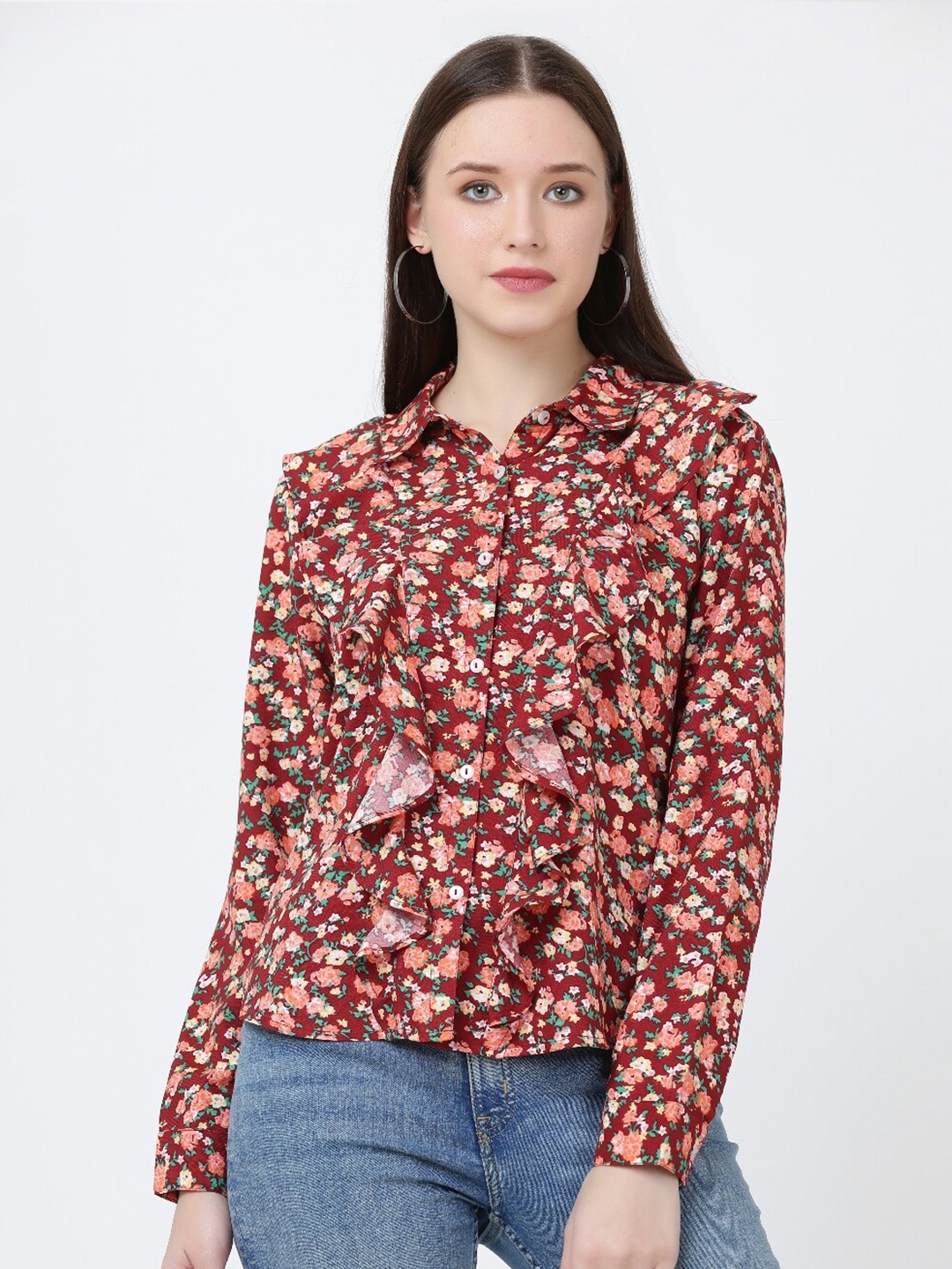 

Jinfo Floral Printed Ruffle Detail Shirt Style Top, Maroon