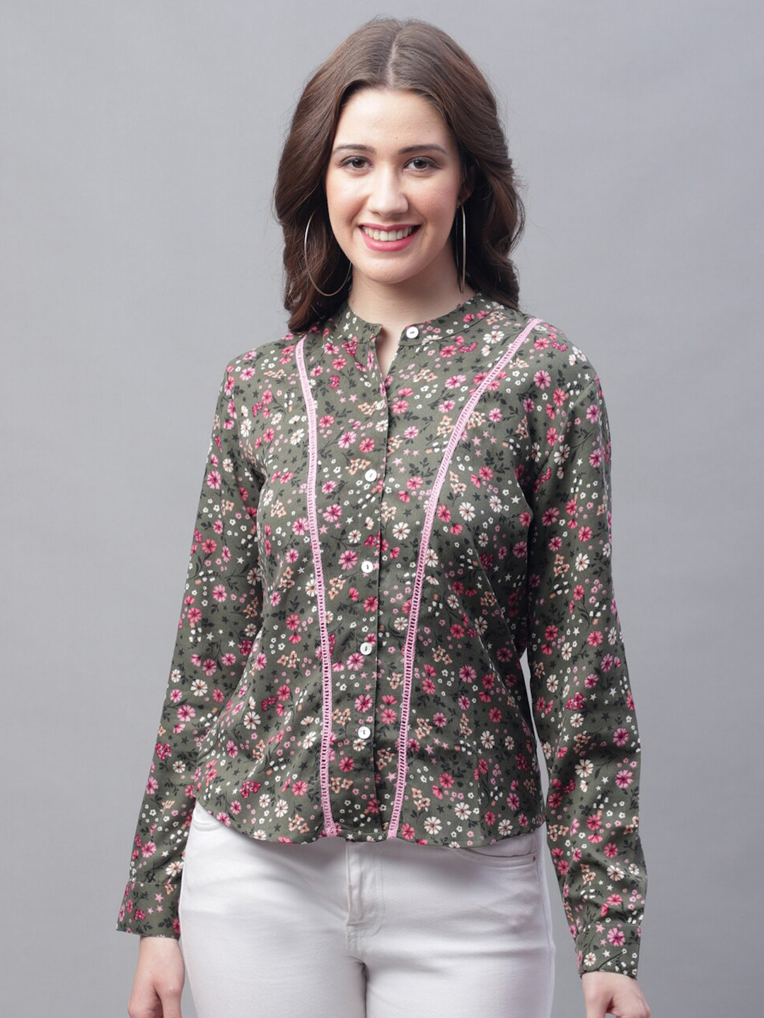 

Jinfo Floral Printed Mandarin Collar Shirt Style Top, Green