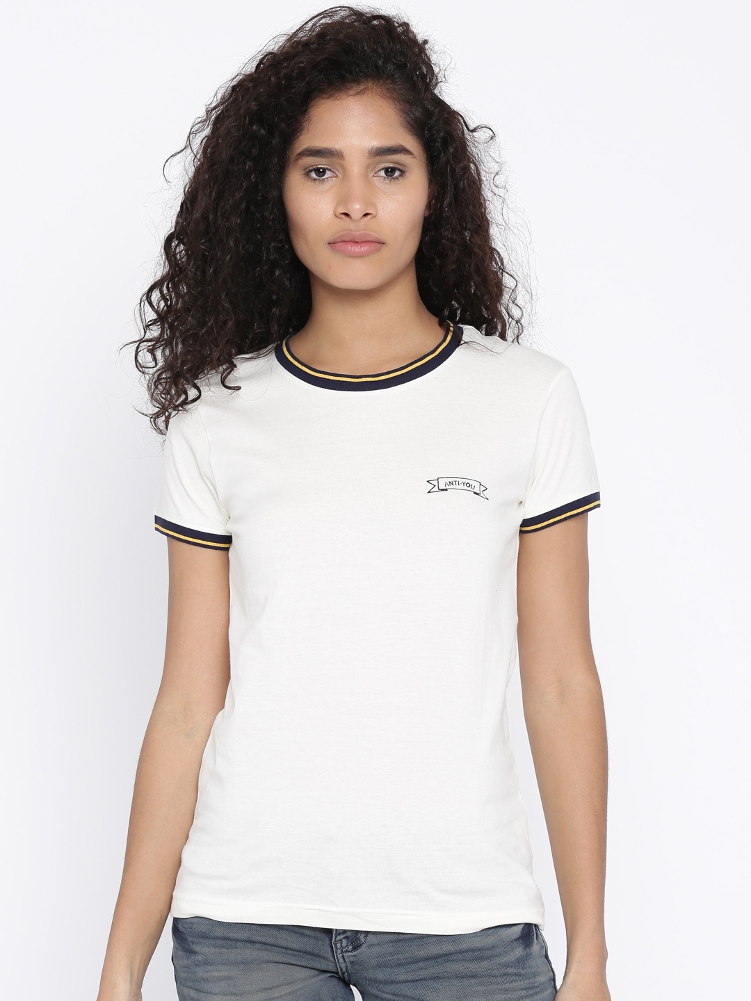 

Flying Machine Women Off-White Pure Cotton T-shirt