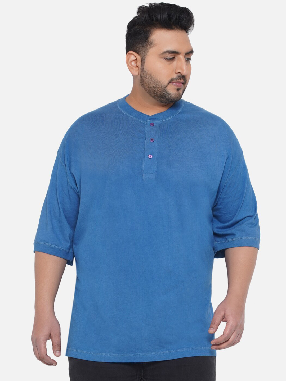 

Santonio Plus Size Henley Neck Pure Cotton T-shirt, Blue