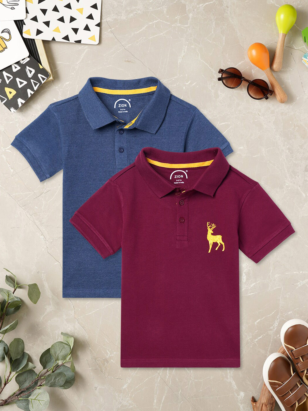 

ZION Boys Pack Of 2 Polo Collar Bio Finish Pure Cotton T-shirt, Maroon